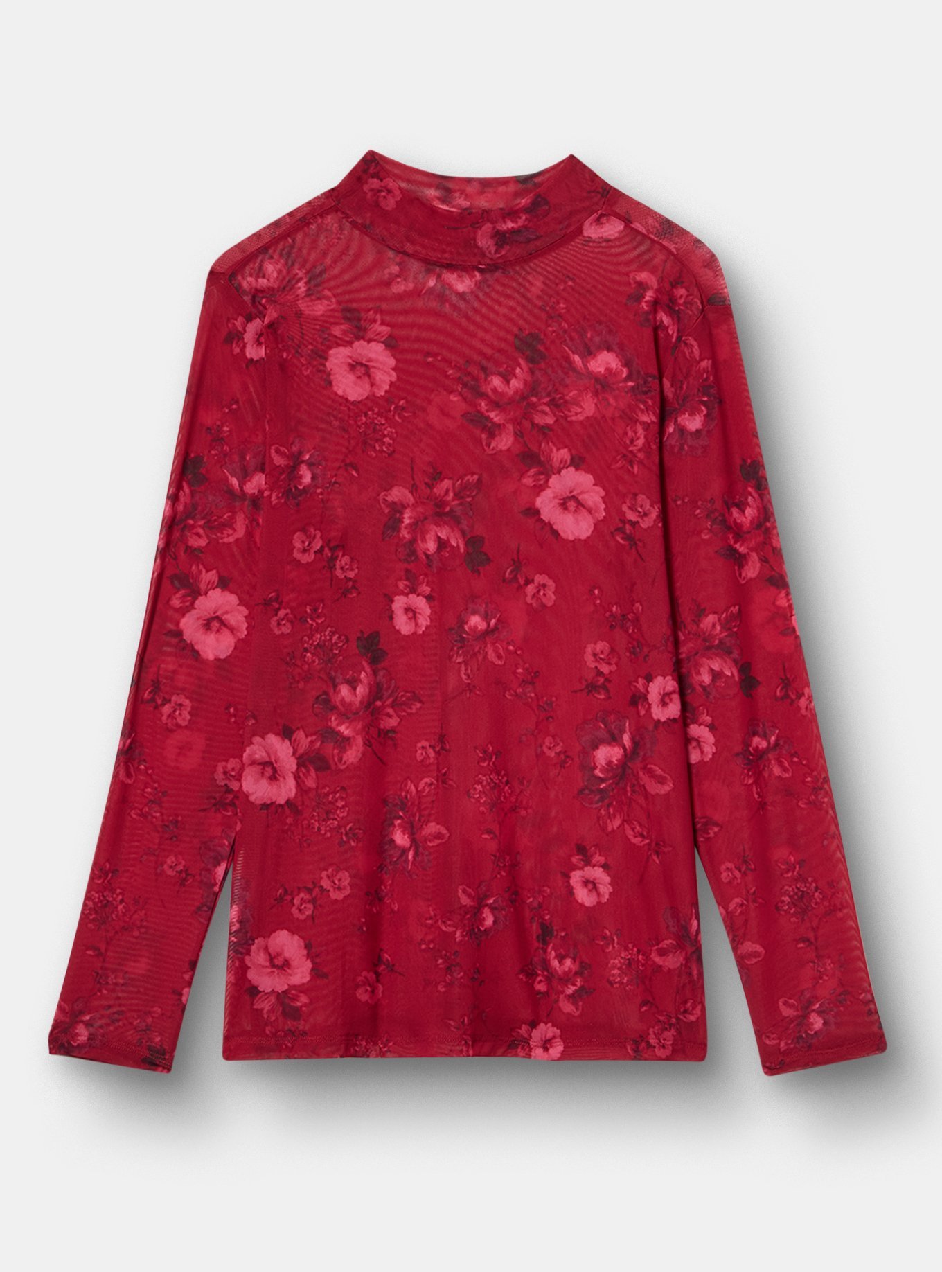 Mesh Mock Neck Long Sleeve Top, ODE FLORAL BURGUNDY, flat