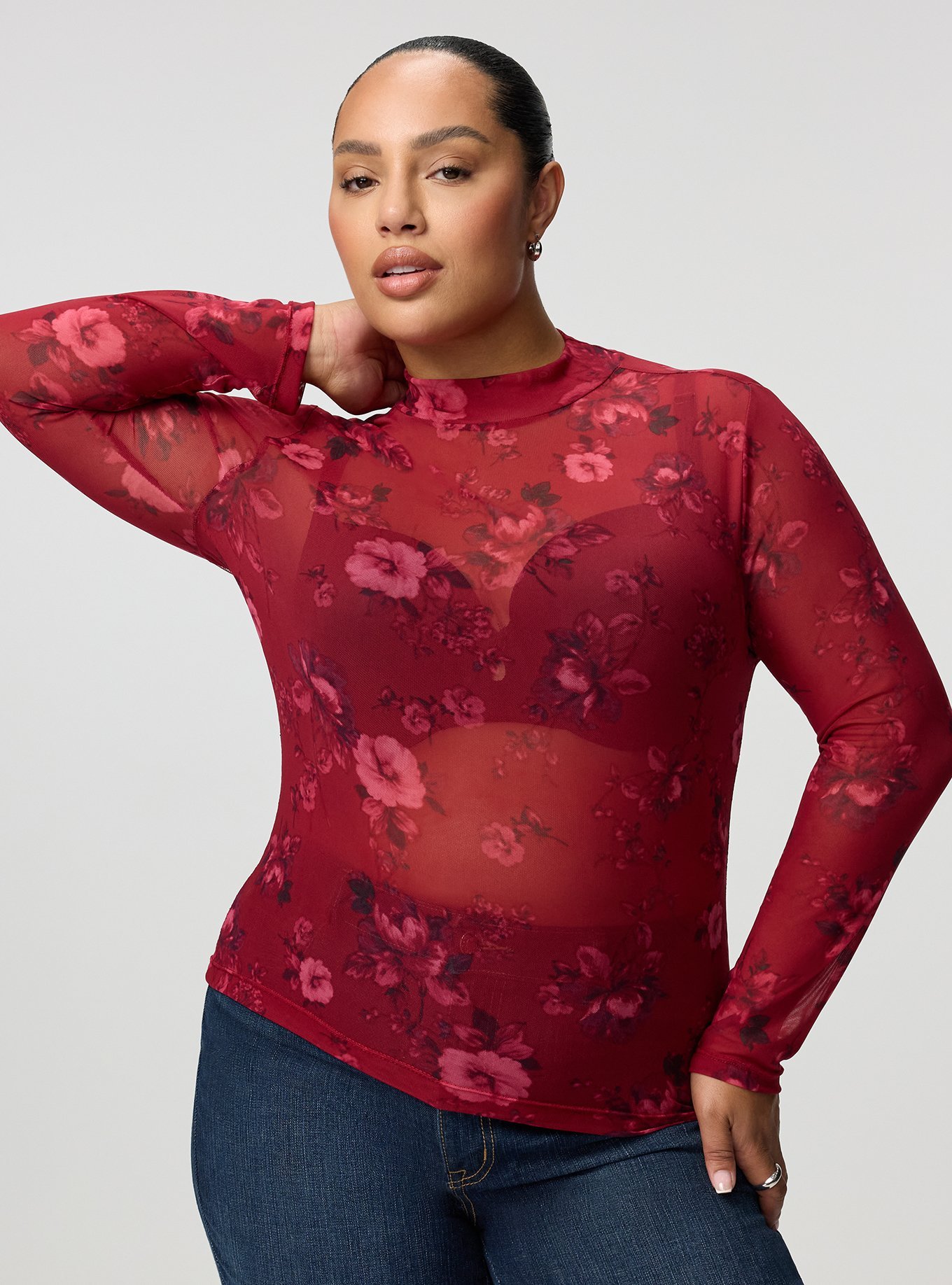 Mesh Mock Neck Long Sleeve Top, ODE FLORAL BURGUNDY, hi-res