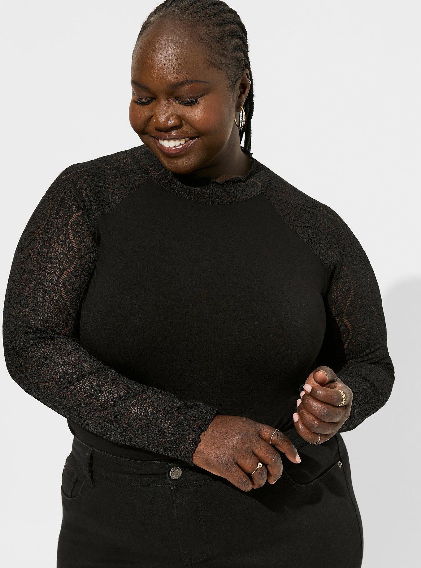 トップス black Plus Size - Super Soft Lace Mock Neck Long Sleeve Top - Torrid