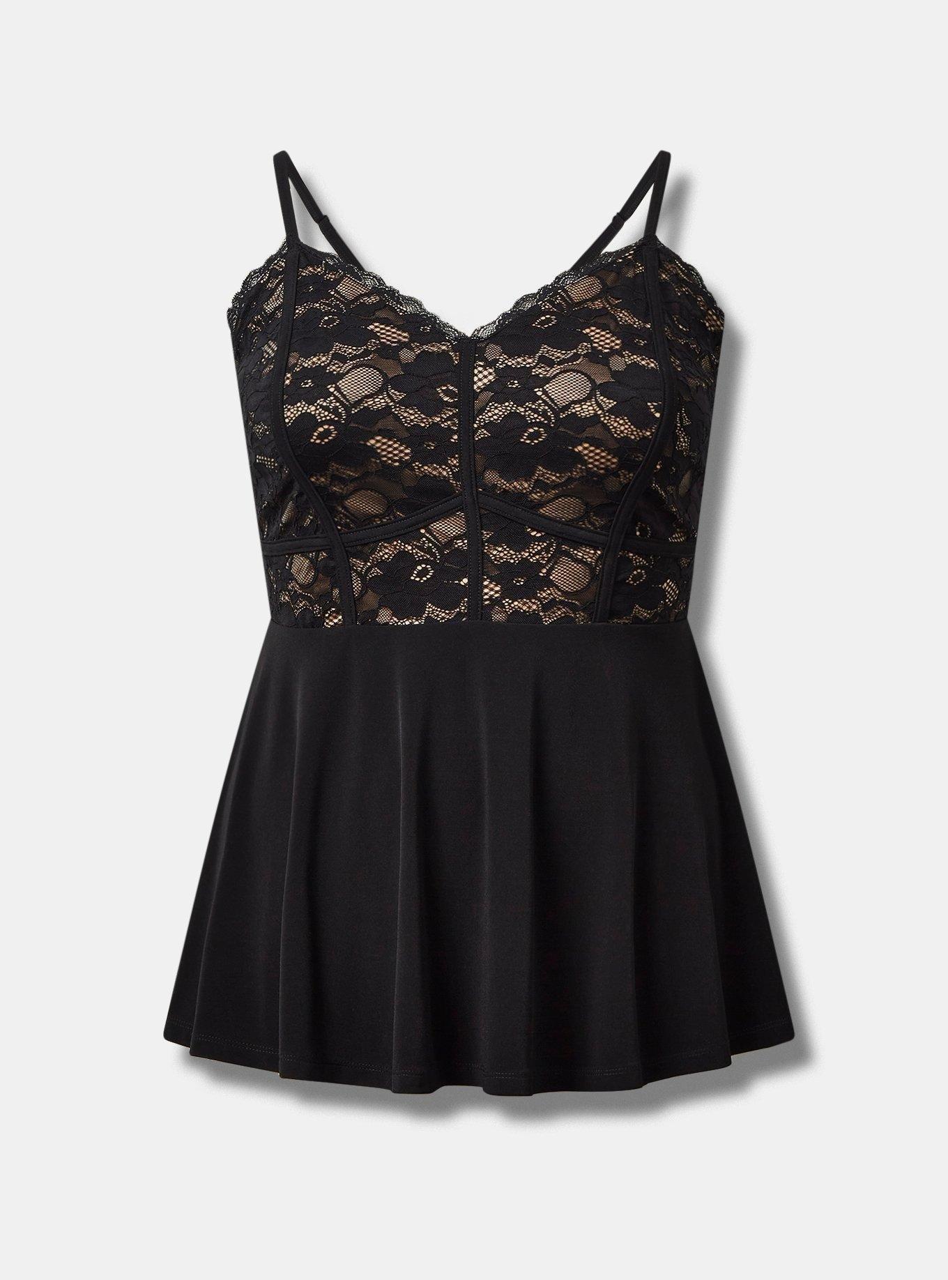 Studio Knit Lace Sweetheart Bustier Babydoll Cami, DEEP BLACK, hi-res