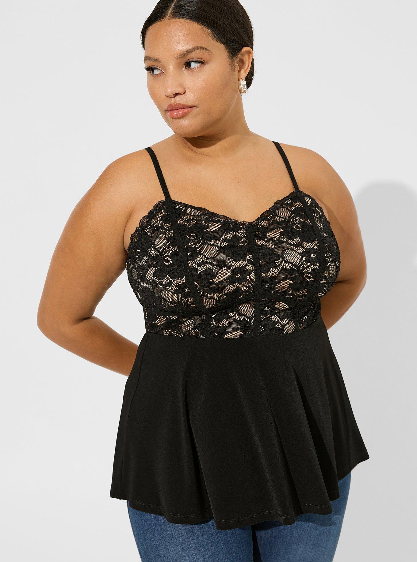 Studio Knit Lace Sweetheart Bustier Babydoll Cami, DEEP BLACK, hi-res