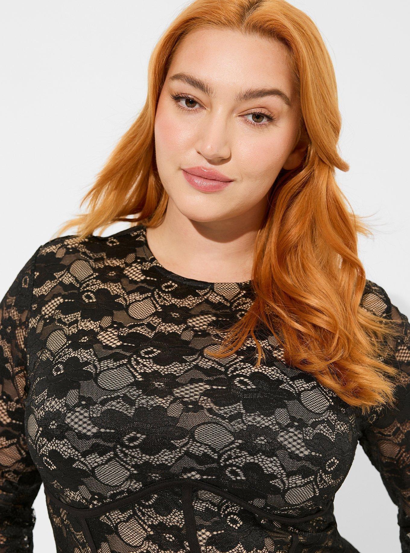 Plus Size Stretch Lace Crew Neck Long Sleeve Corset Bodysuit Torrid