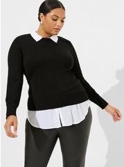 Fitted Pullover Collared 2-Fer Sweater, DEEP BLACK, alternate