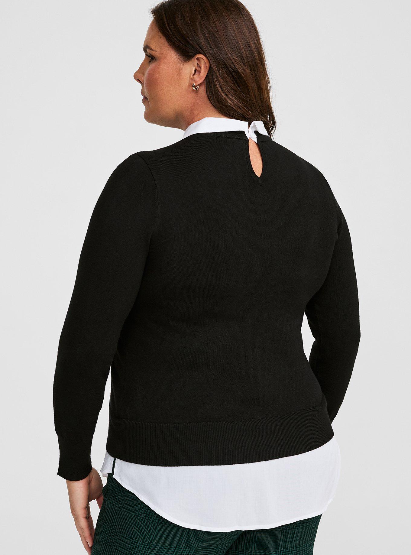 Fitted Pullover Collared 2-Fer Sweater, DEEP BLACK, alternate