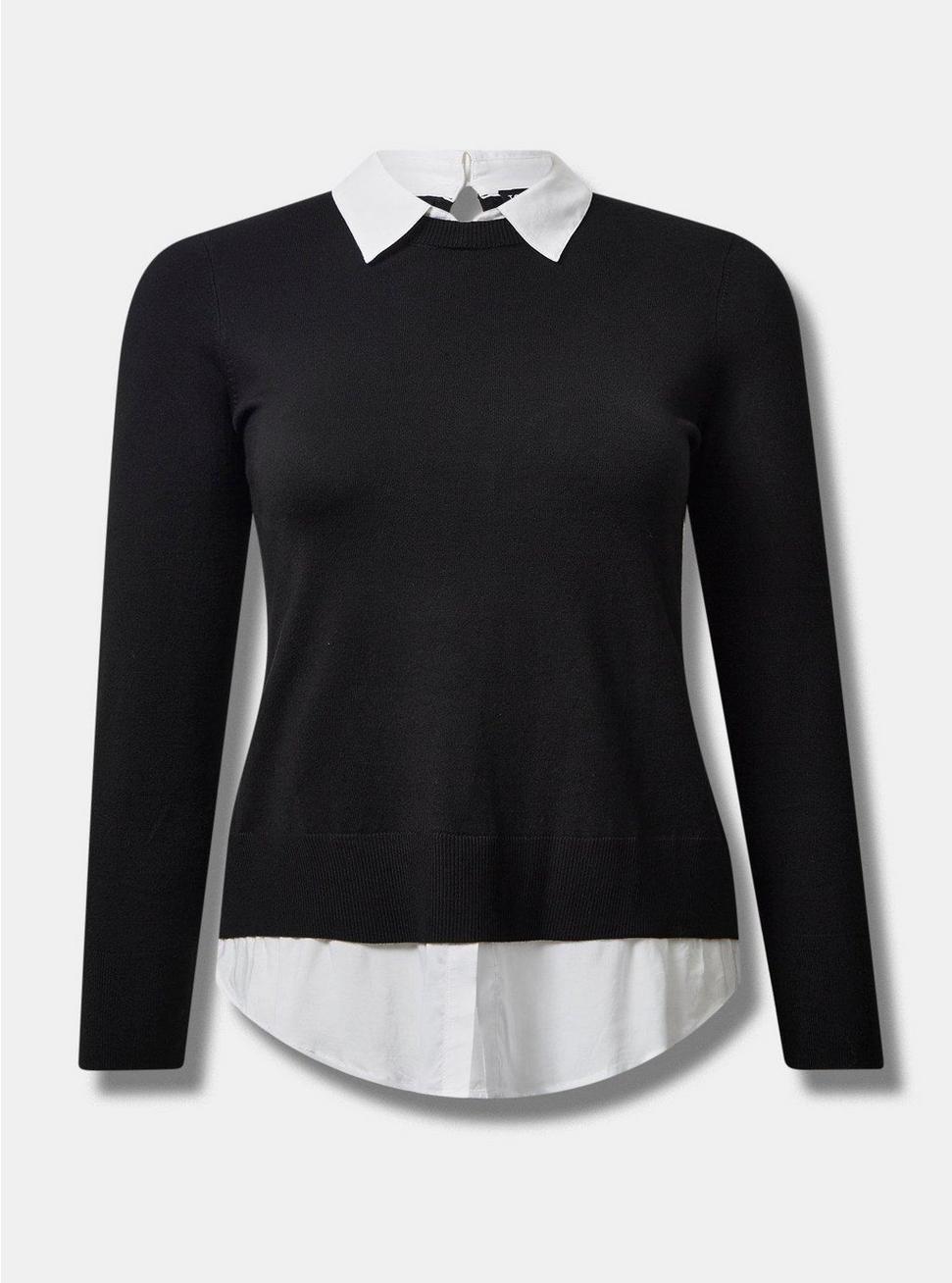 Fitted Pullover Collared 2-Fer Sweater, DEEP BLACK, hi-res