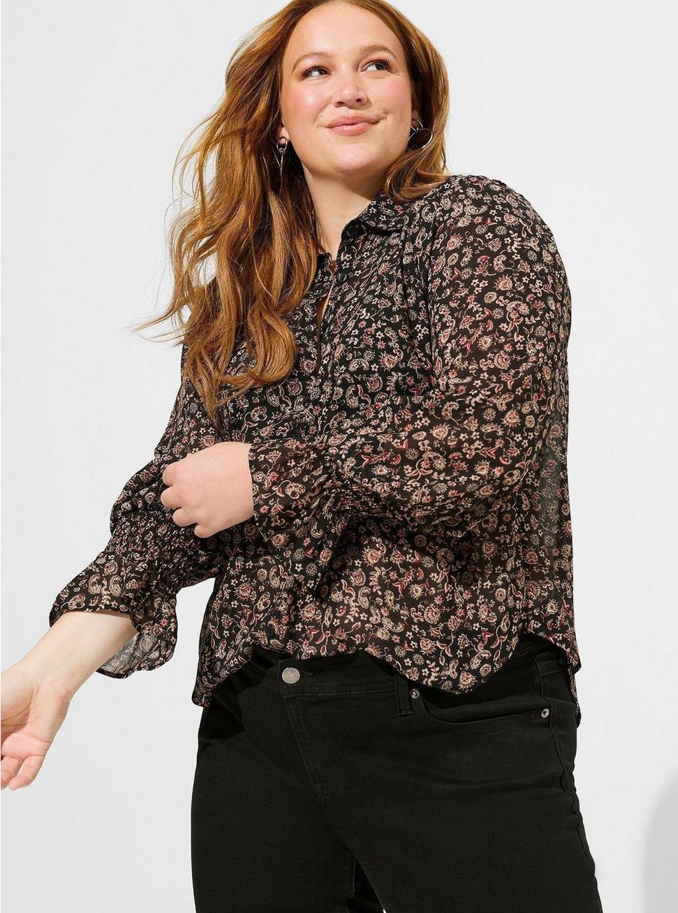 Festi Tissue Weight Chiffon Button Front Puff Sleeve Top, PAISLEY BLACK, hi-res