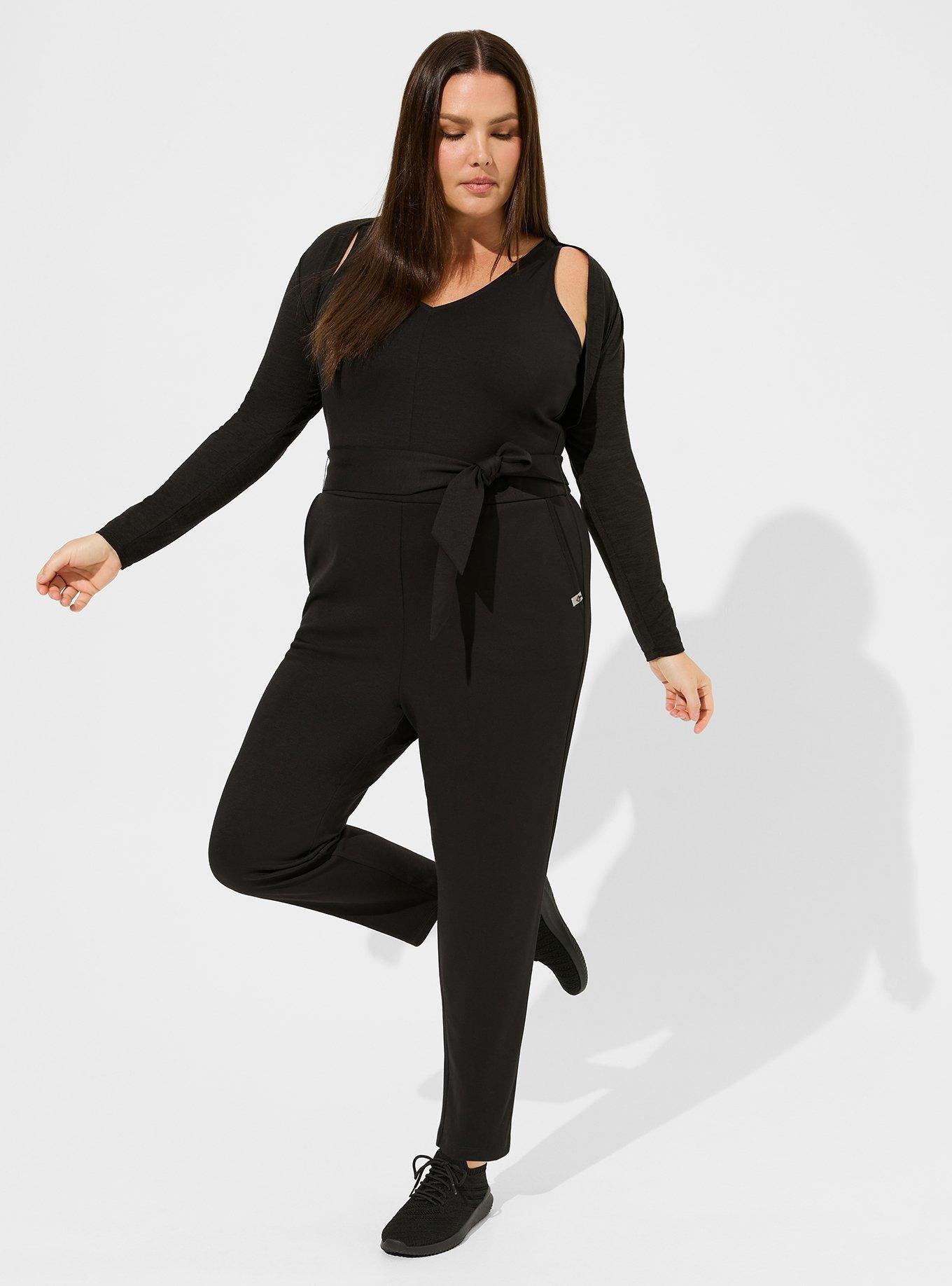 Plus Size Luxe Cozy Cupro Full Length Active Jumpsuit With Tie, DEEP BLACK, hi-res
