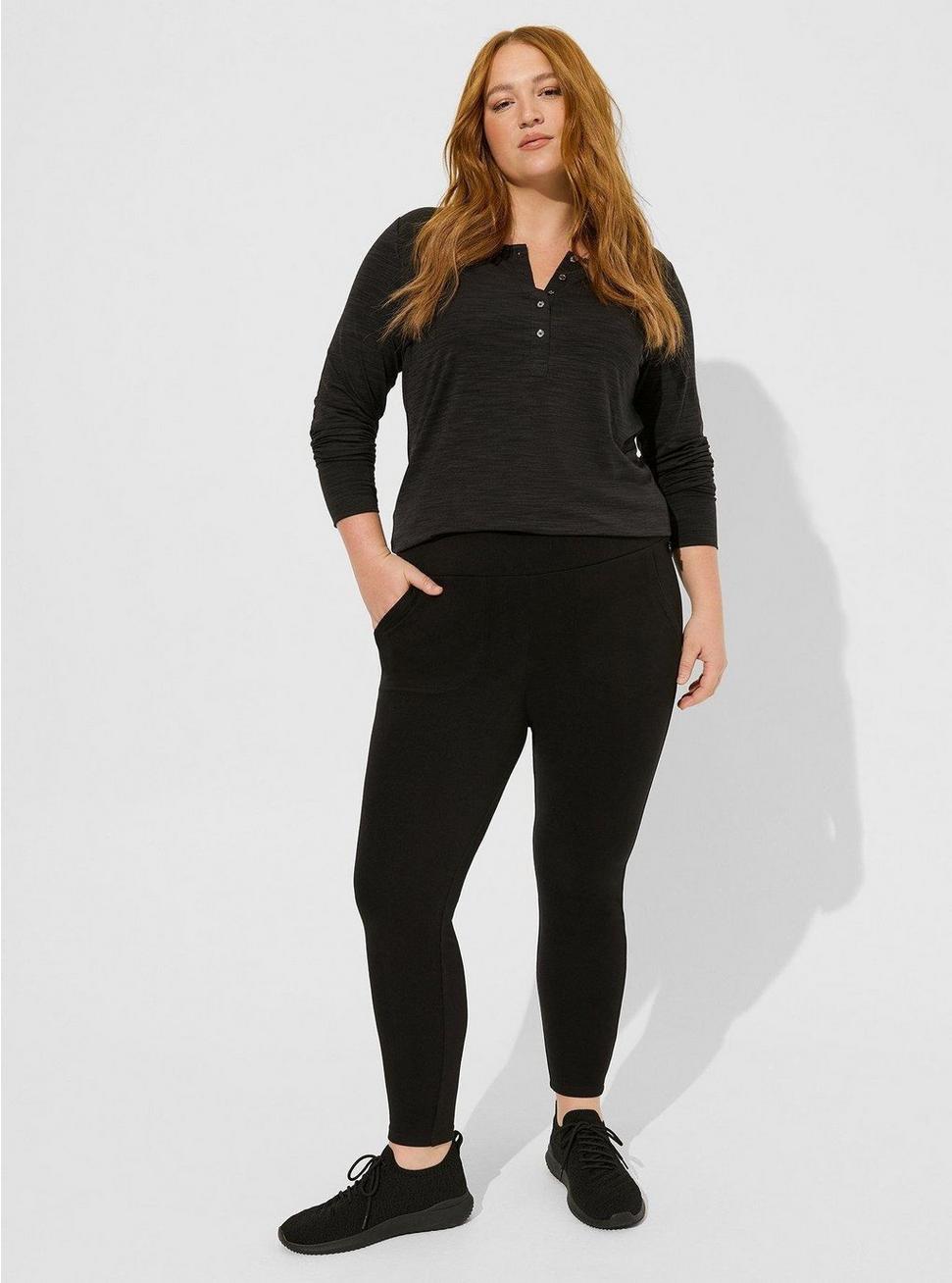Plus Size Happy Camper Micro Fleece Full Length Active Legging with Front Pockets, DEEP BLACK, hi-res