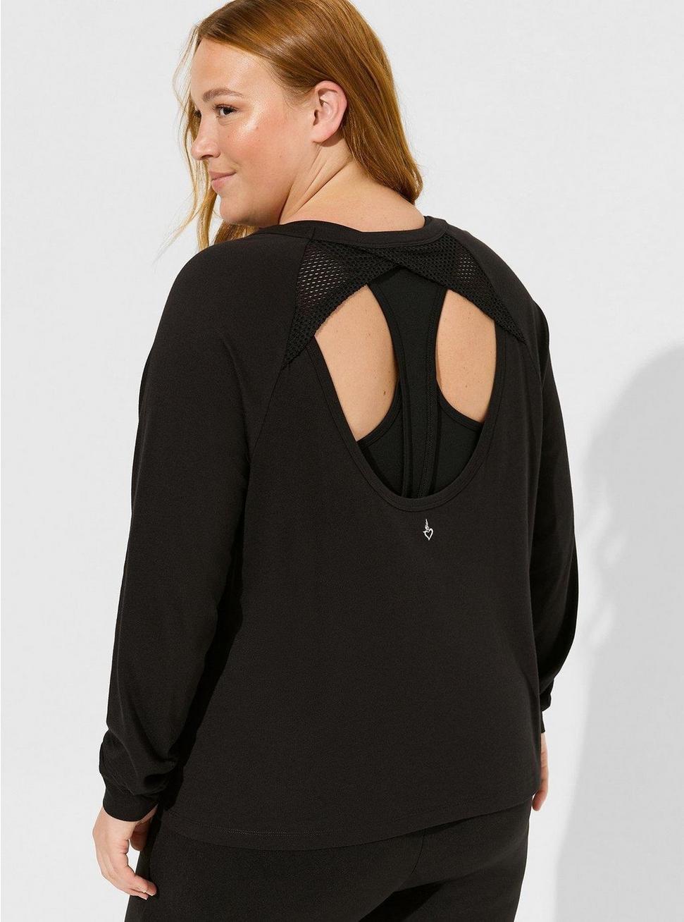 Performance Cotton Open Back Long Sleeve Active Tee with Mesh Detail, DEEP BLACK, hi-res