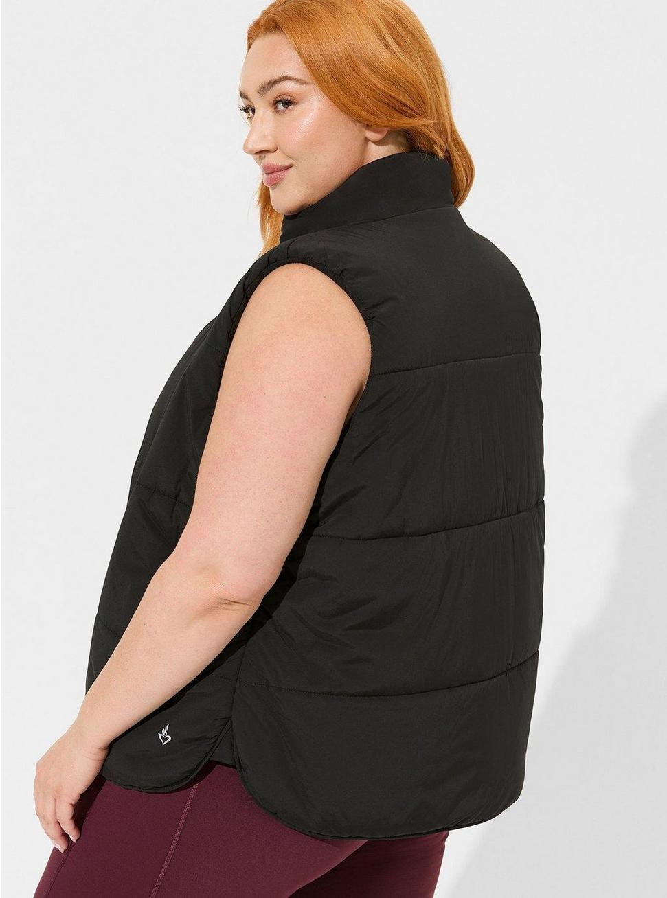 Plus Size Matte Stretch Nylon Light-Weight Puffer Active Vest, DEEP BLACK, alternate