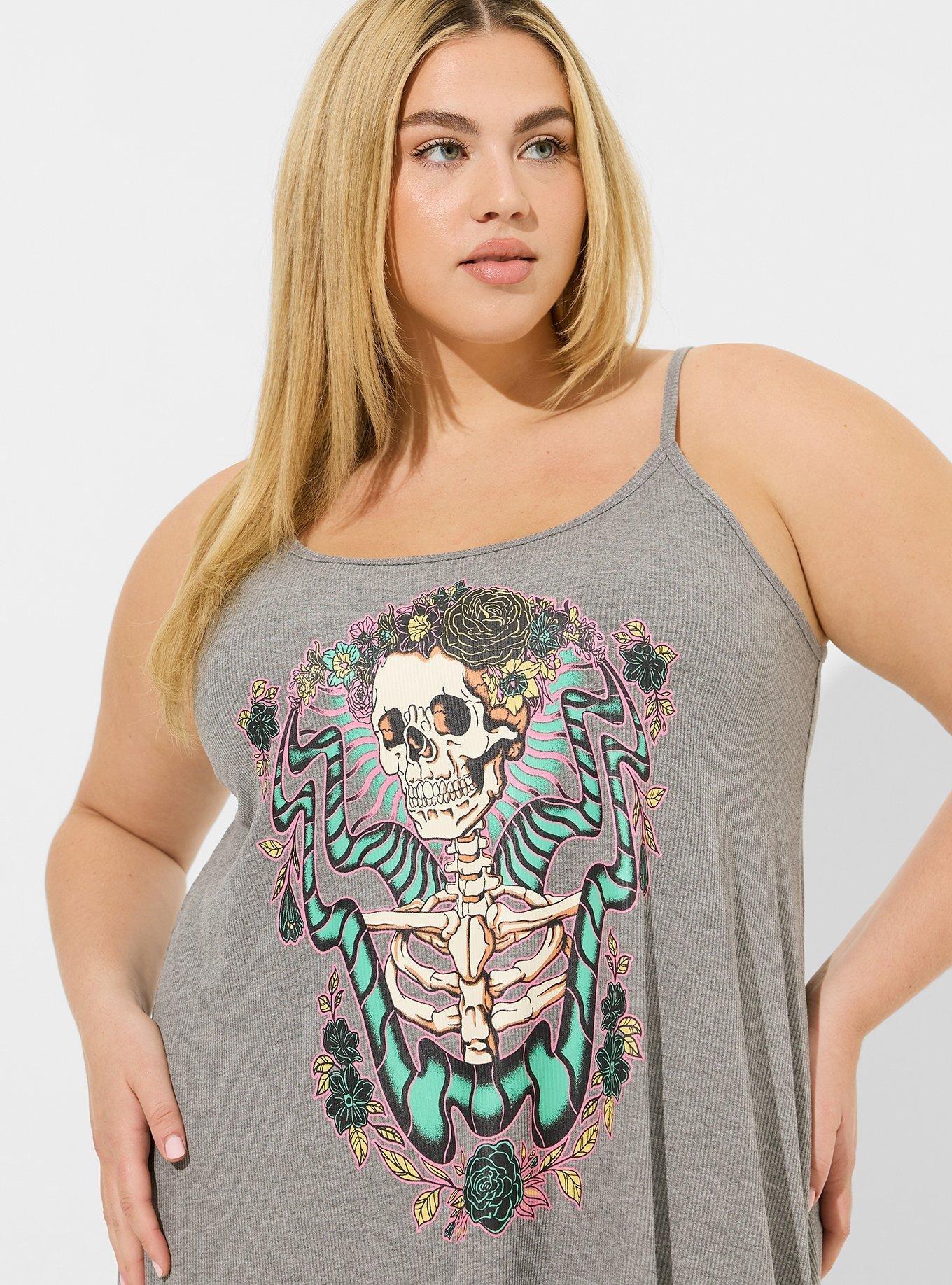 Super Soft Rib Cami Sleep Mini Gown, PSYCHEDELIC SKULL HEATHER GREY, alternate