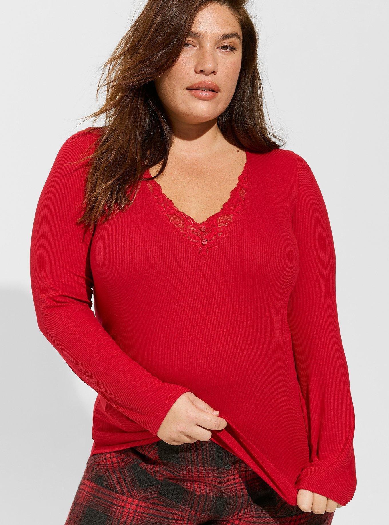 Super Soft Rib V-Neck Lace Long Sleeve Sleep Tee