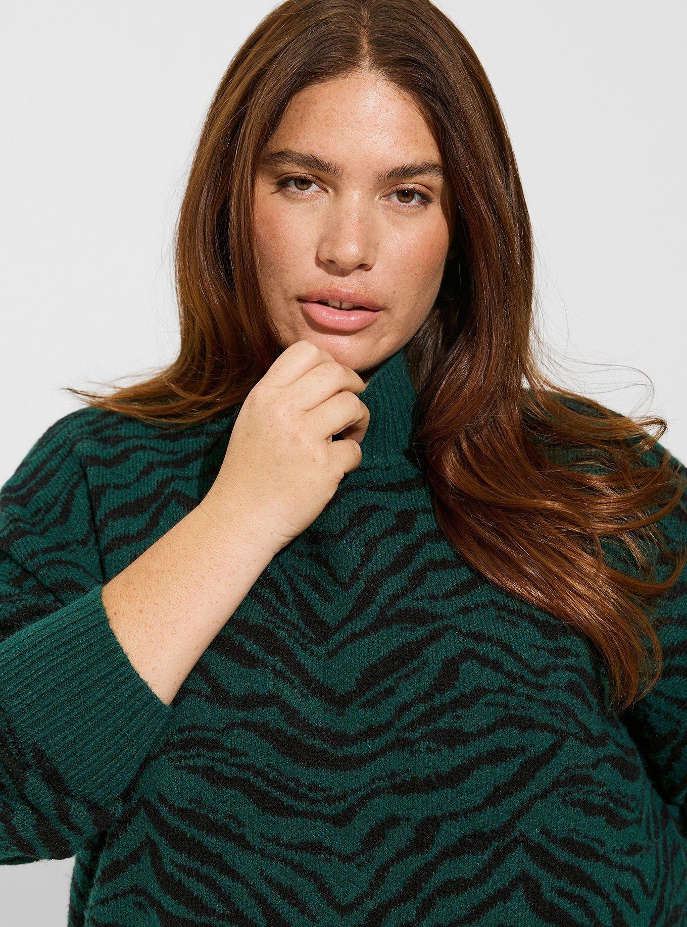 Vegan Cashmere Pullover Turtleneck Sweater, BOTANICAL GREEN TIGER, alternate
