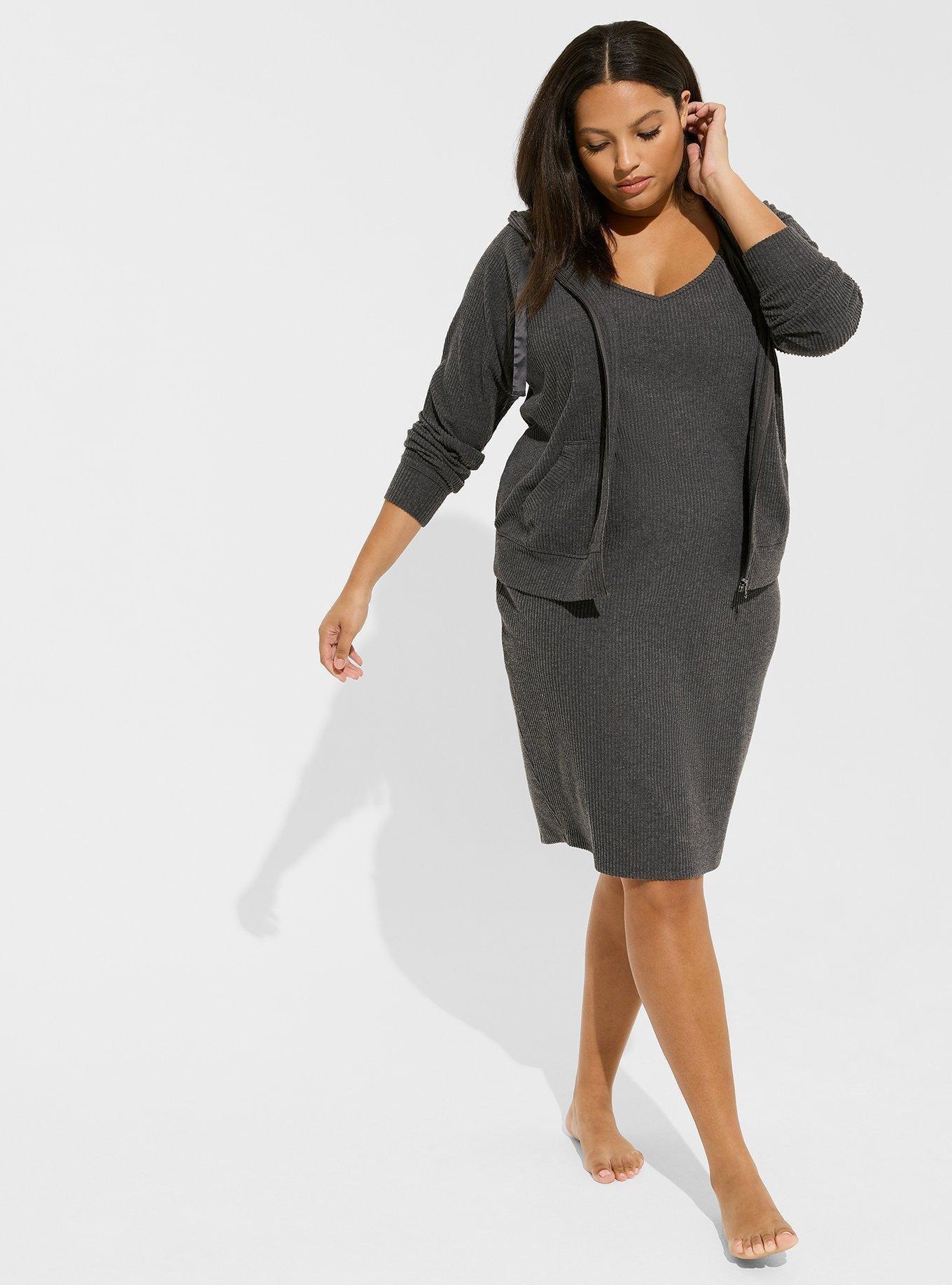 Heavy Hacci Rib V-Neck Midi Cami Lounge Dress, CHARCOAL HEATHER, alternate