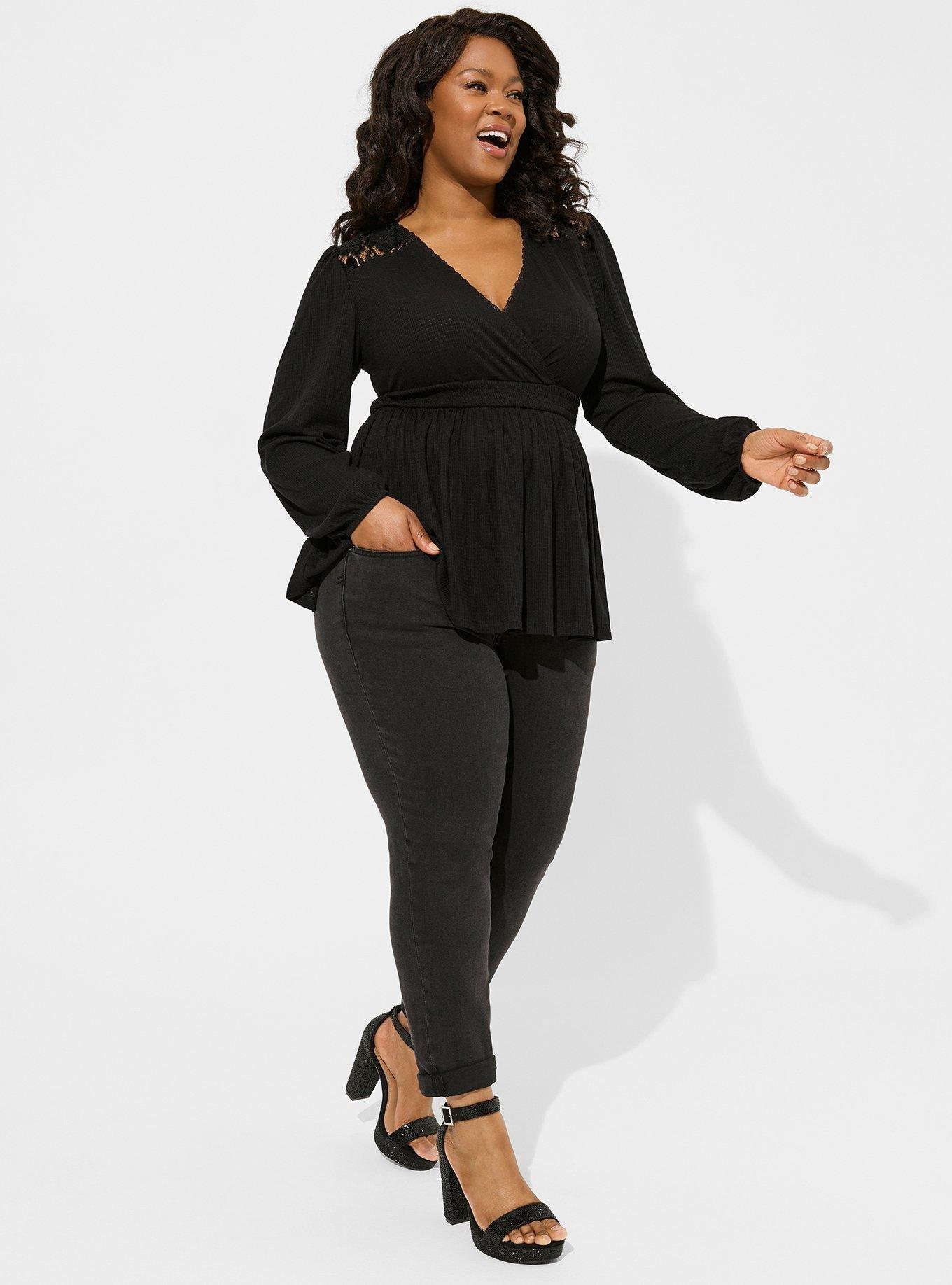 Plus Size - Cotton Modal Rib Lace V-Neck Long Sleeve Henley Top - Torrid