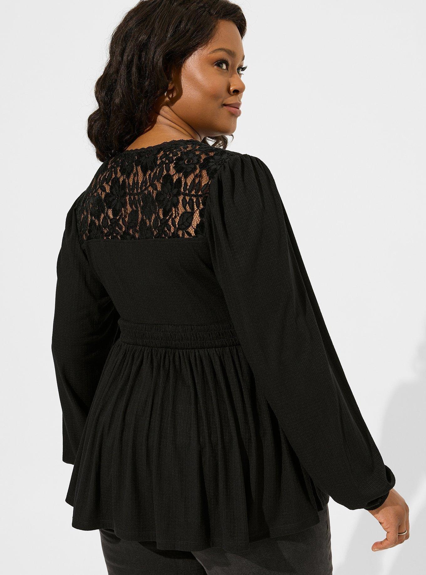 Plus Size - Cotton Modal Rib Lace V-Neck Long Sleeve Henley Top - Torrid