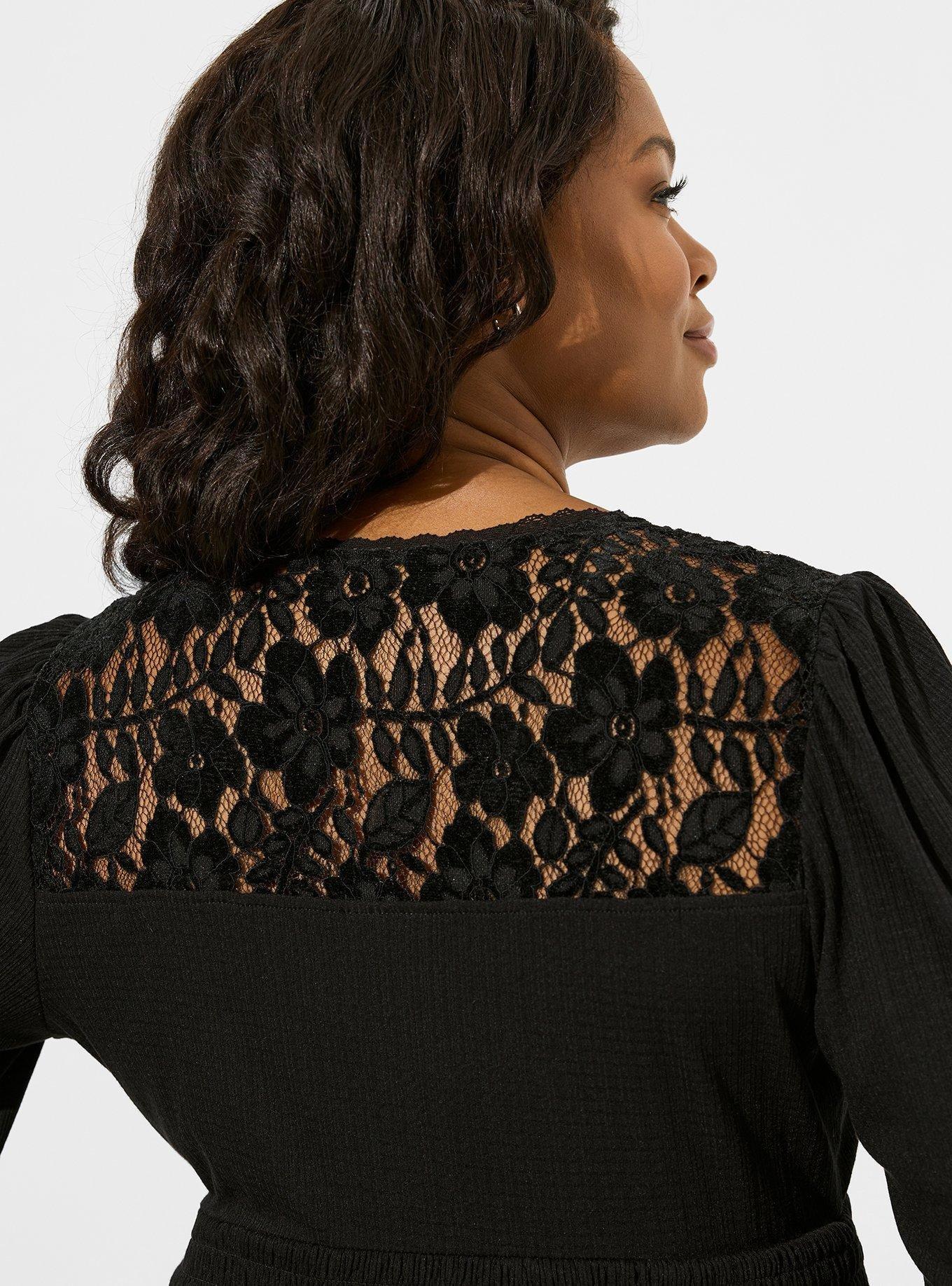 Texture Jersey V-Neck Lace Yoke Surplice Long Sleeve Babydoll
