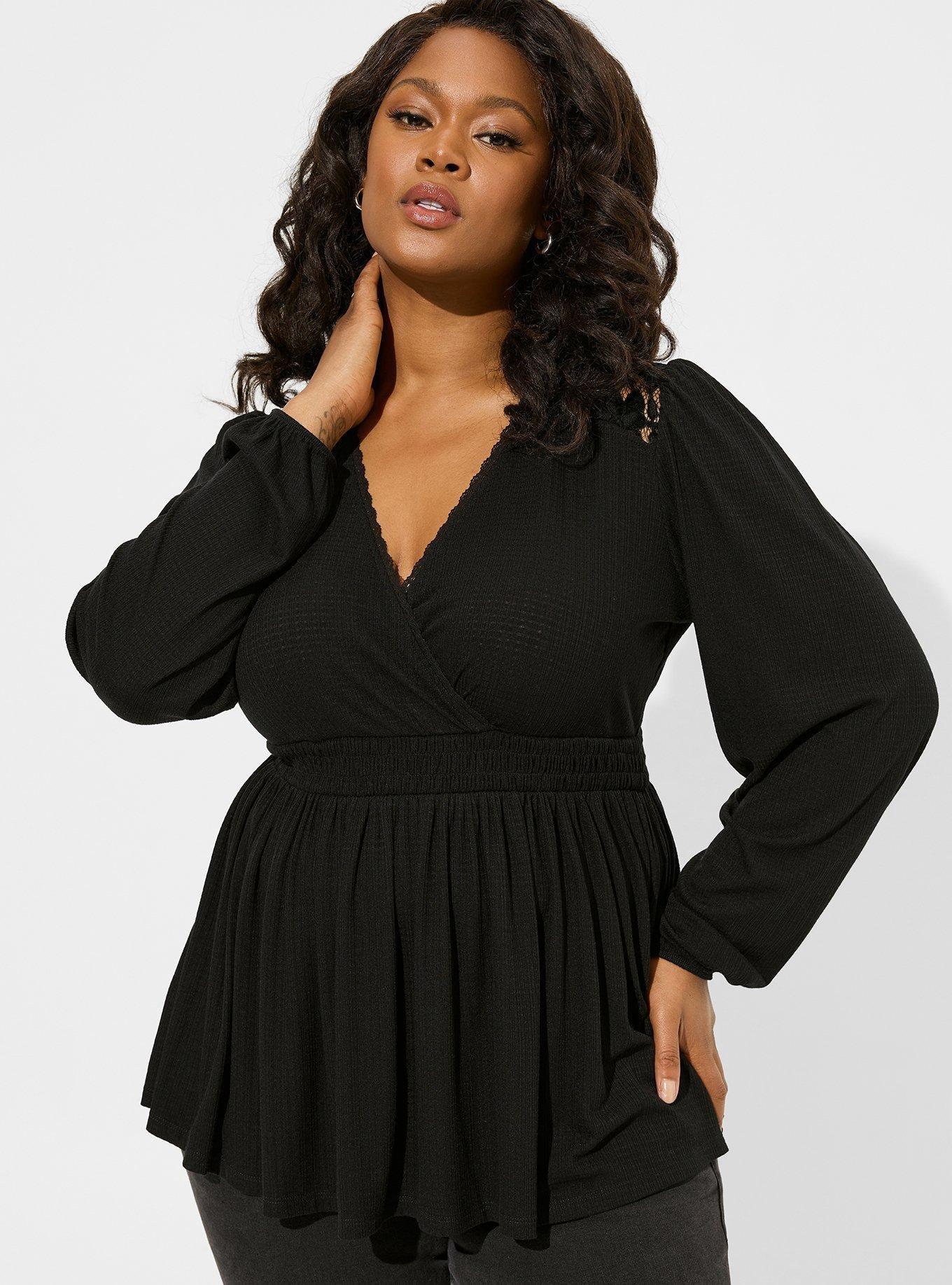 Black Wrap Plus Size Peplum Top with sleeves