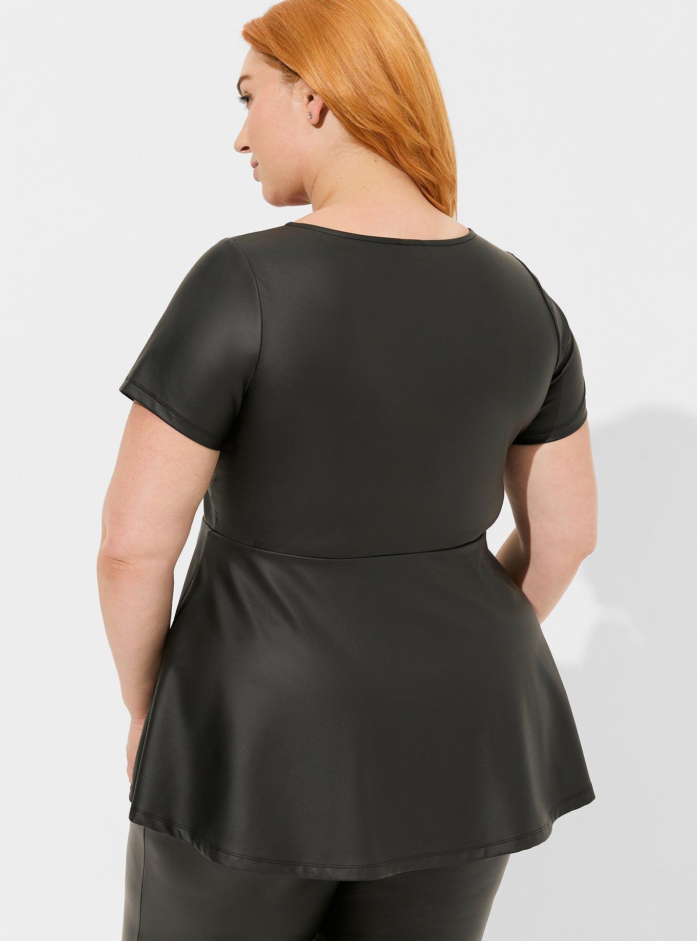 Faux Leather Square Neck Cap Sleeve Pleated Peplum Top, DEEP BLACK, alternate