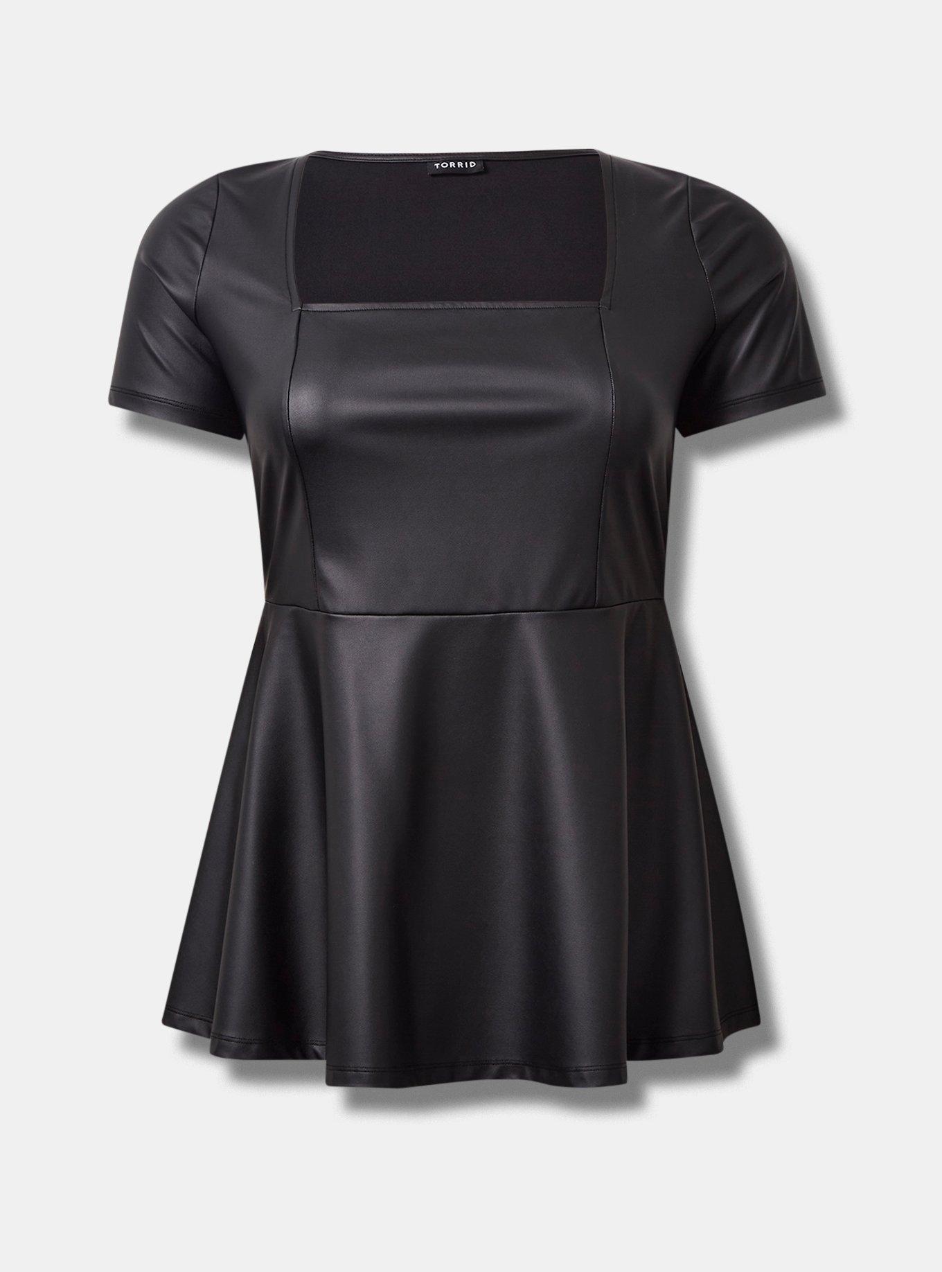 Plus Size - Faux Leather Square Neck Cap Sleeve Pleated Peplum Top - Torrid