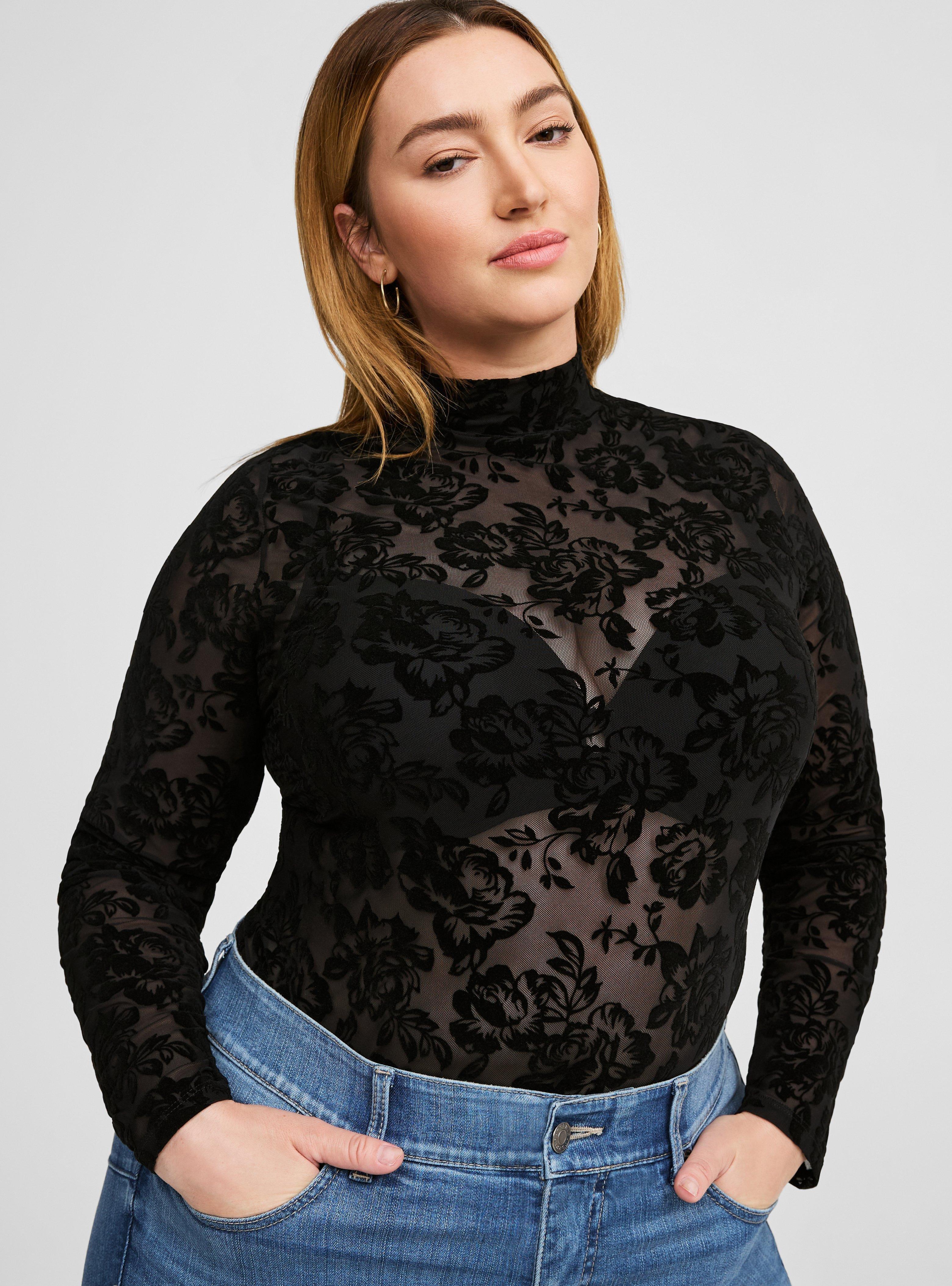 Plus Size - Flocked Mesh Mock Neck Long Sleeve Top - Torrid