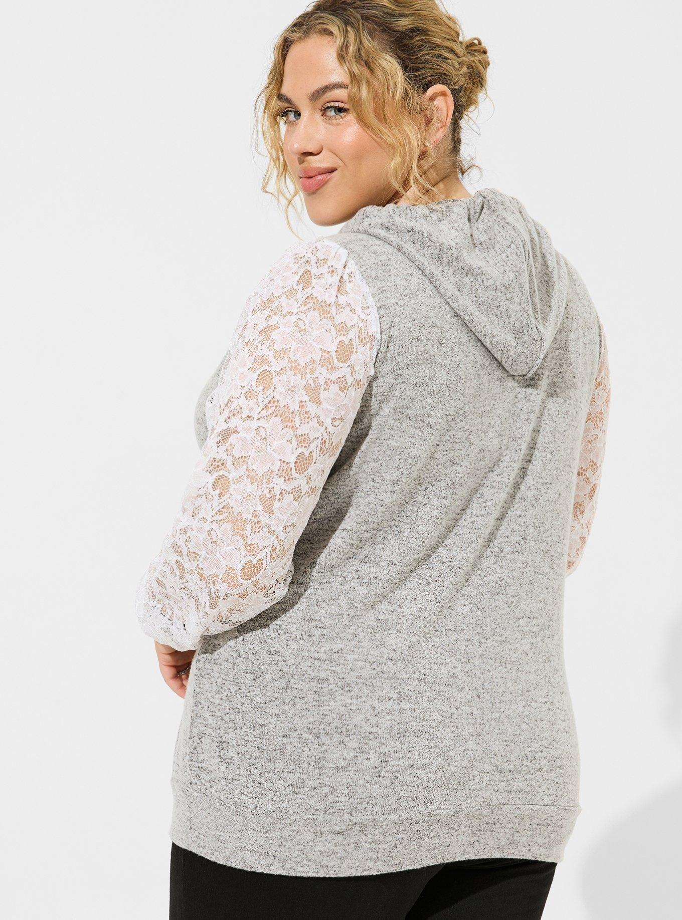 Super Soft Plush Lace Sleeve Hoodie, GREY, alternate