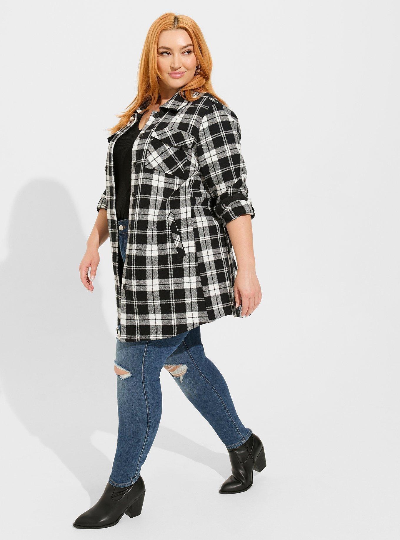 Plus Size Cotton Brushed Midi Shacket, COMET PLAID, alternate