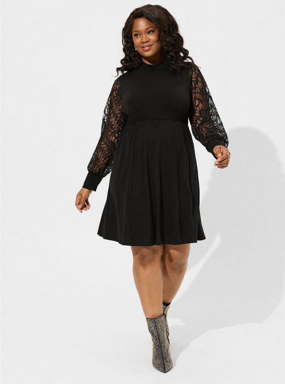 Plus Size - At The Knee Jersey Lace Sleeve Mock Neck Skater Dress - Torrid