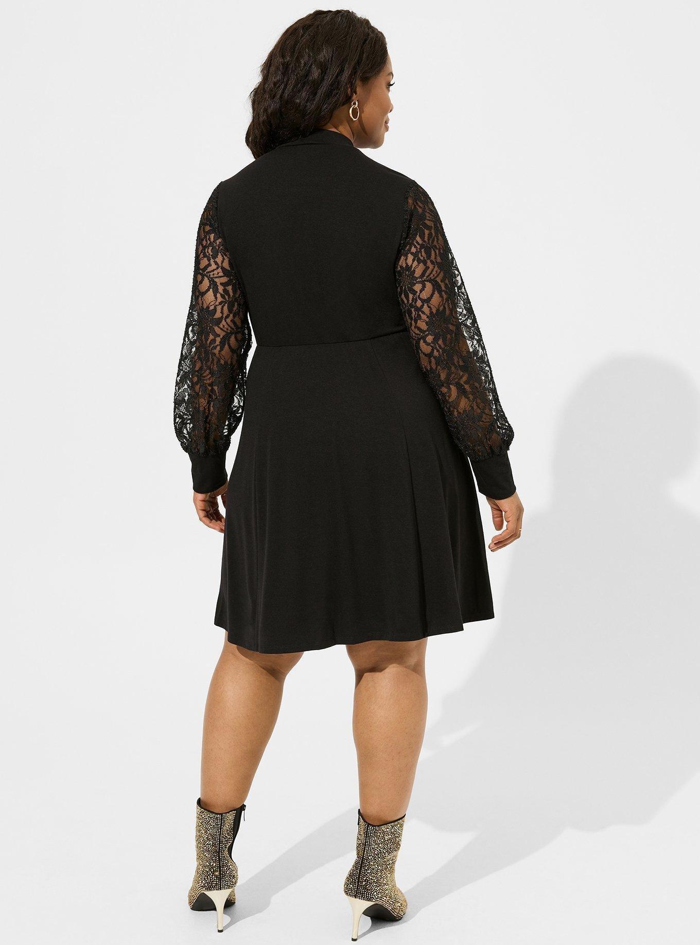 At The Knee Jersey Lace Sleeve Mock Neck Skater Dress