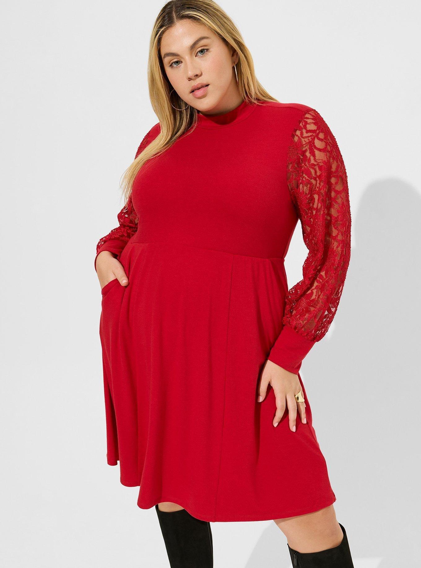 Plus Size At The Knee Jersey Lace Sleeve Mock Neck Skater Dress Torrid