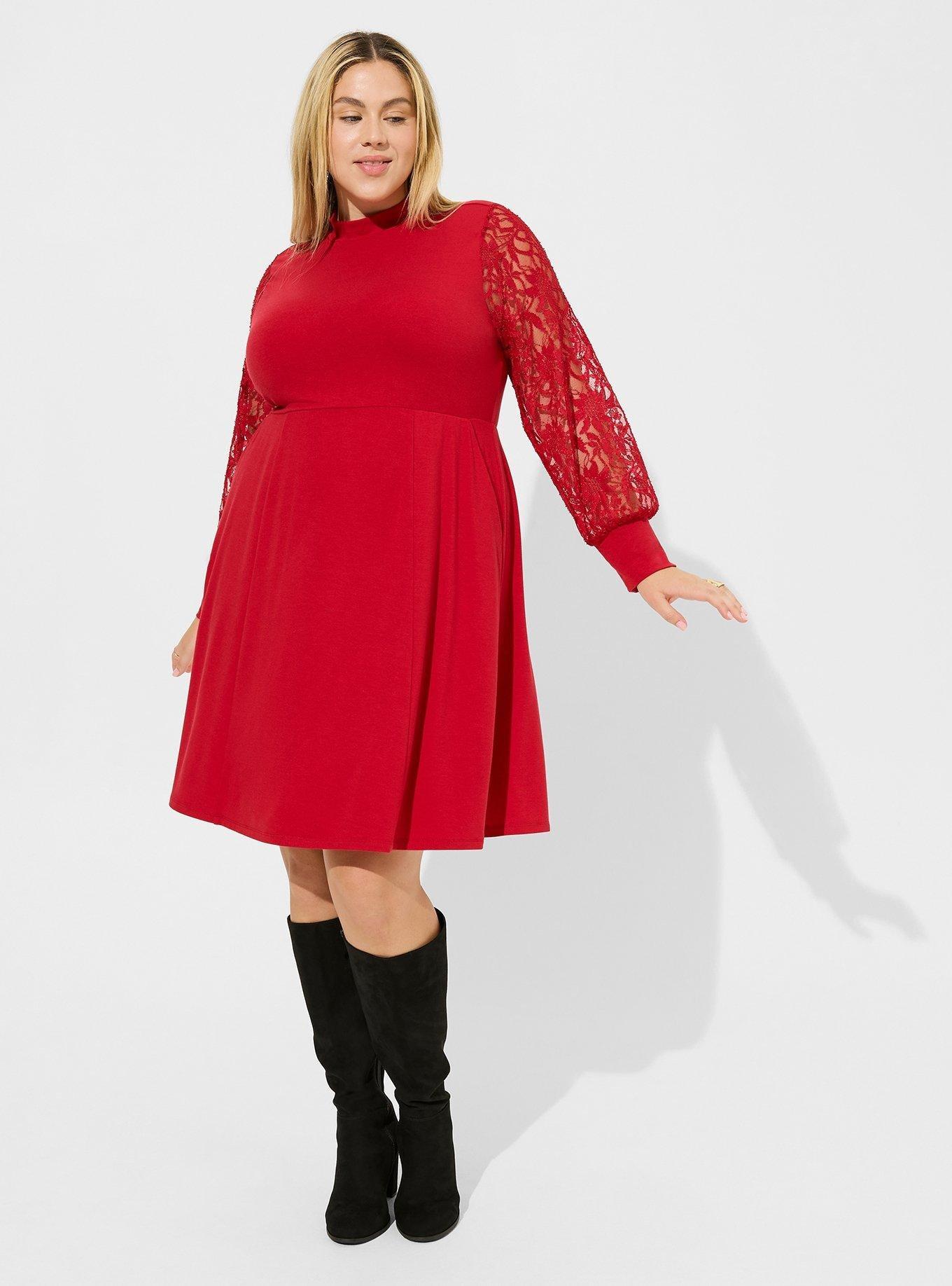 At The Knee Jersey Lace Sleeve Mock Neck Skater Dress