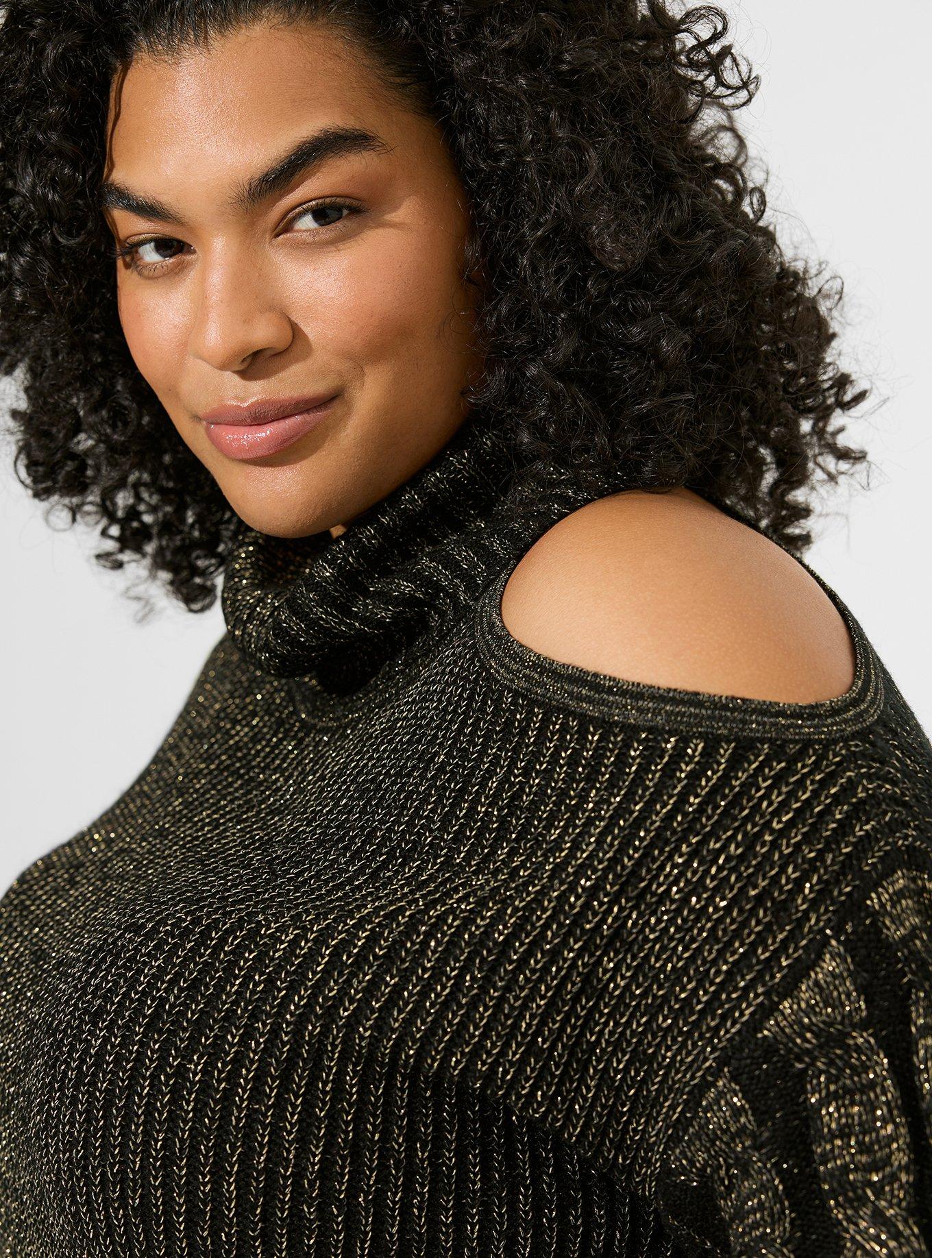 Lurex Cable Pullover Cold Shoulder Turtle Neck Sweater