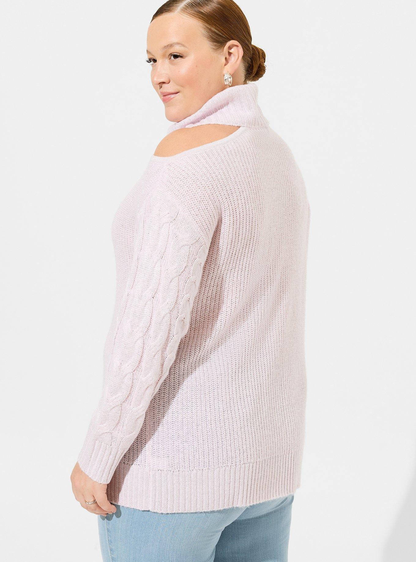 Lurex Cable Pullover Cold Shoulder Turtle Neck Sweater