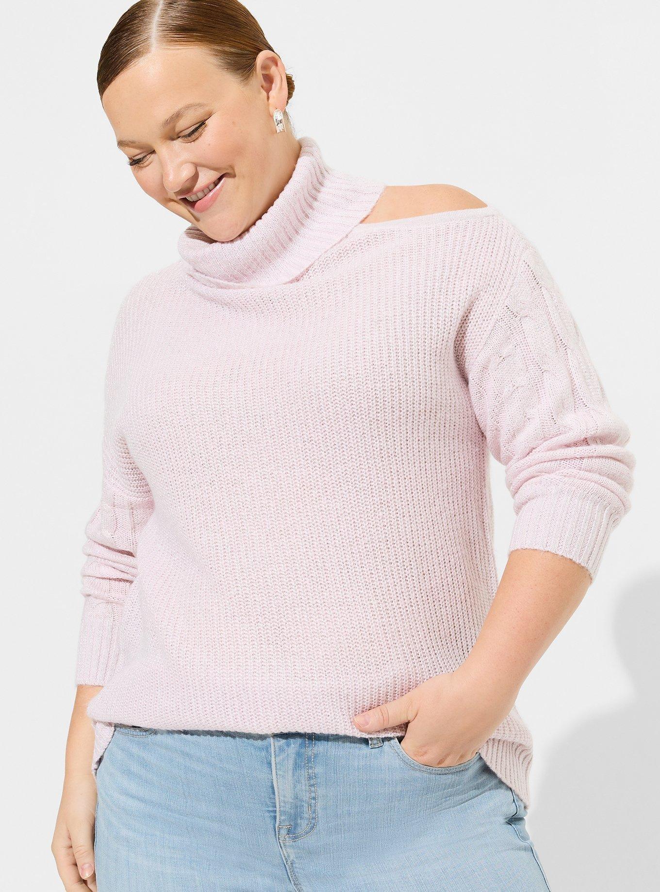 Plus Size - Lurex Cable Pullover Cold Shoulder Turtle Neck Sweater