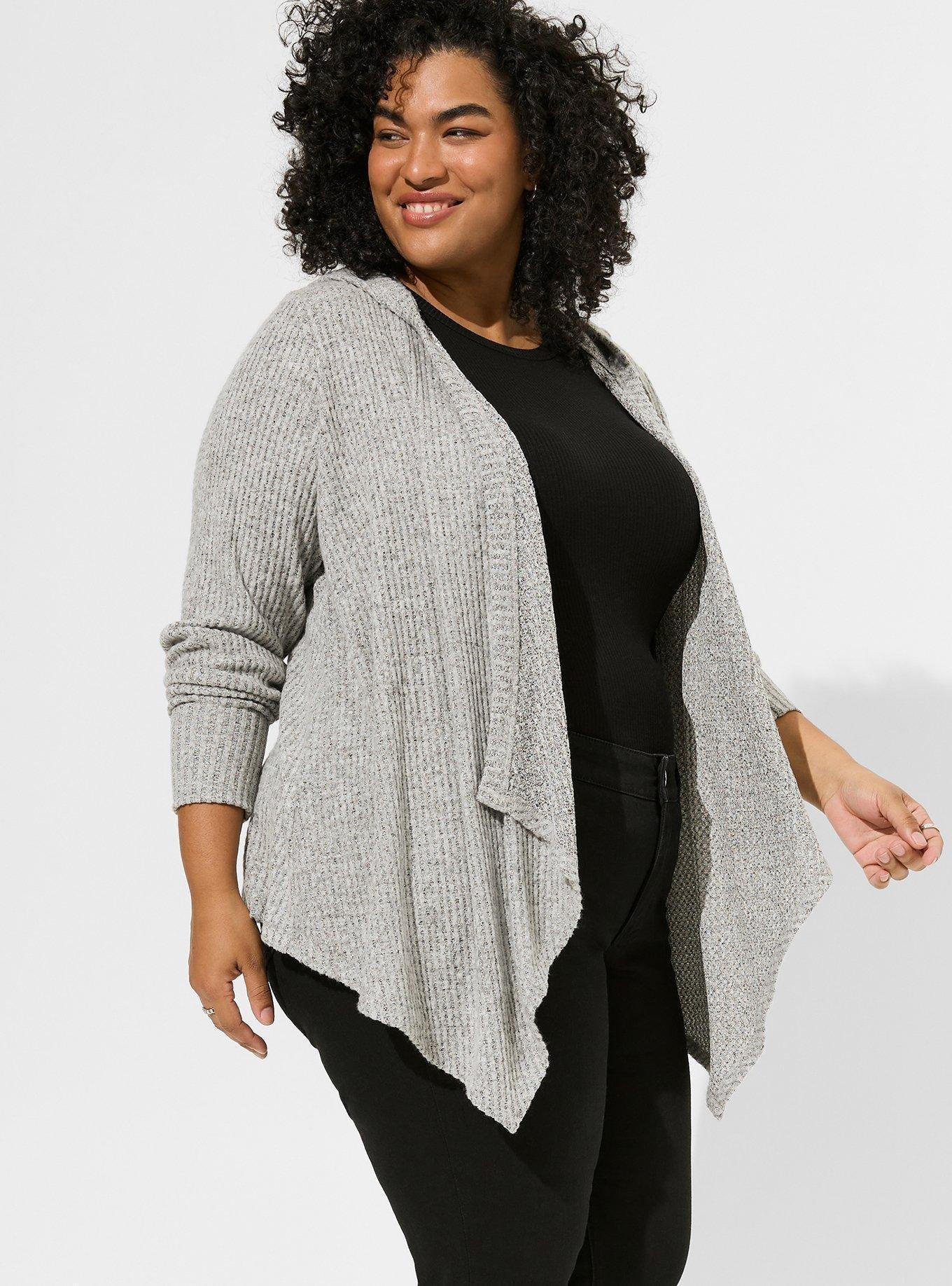 Plus Size - Super Soft Plush Waffle Drape Front Hooded Cardigan