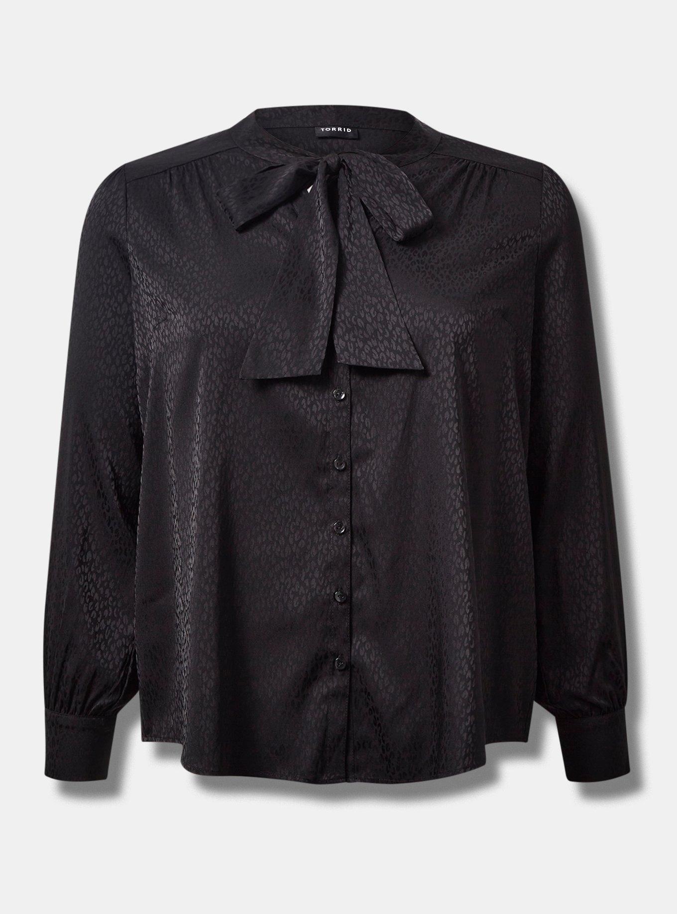 Satin Jacquard Tie Neck Button Up Blouse