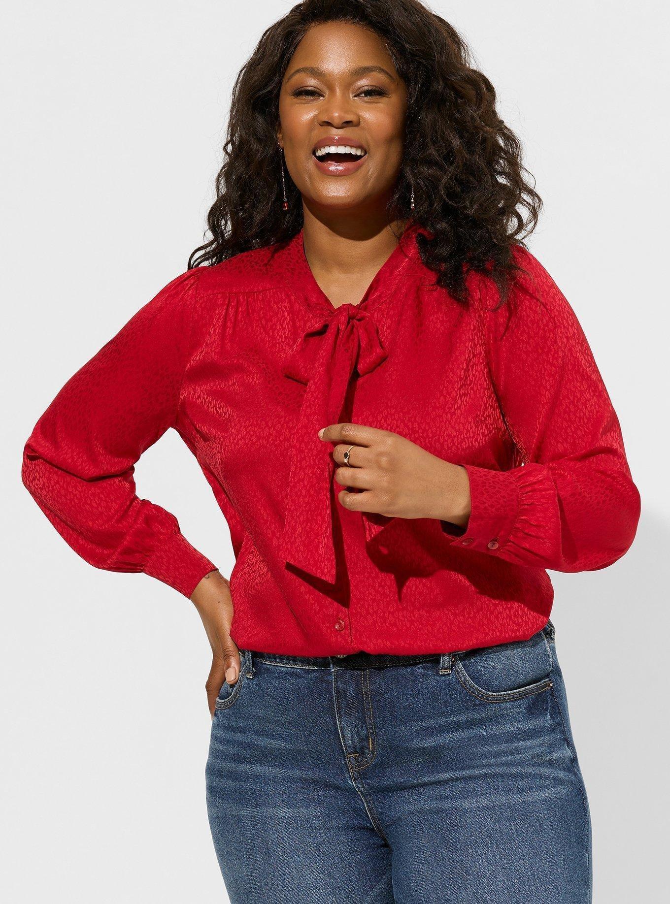 Plus Size - Satin Jacquard Tie Neck Button Up Blouse - Torrid