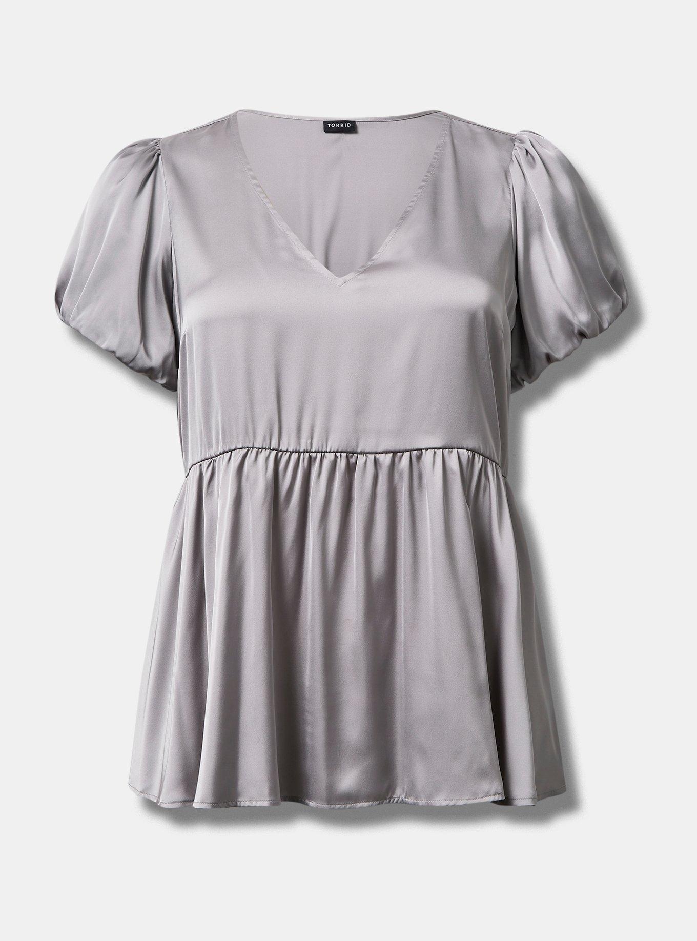 Satin V-Neck Puff Short Sleeve Blouse