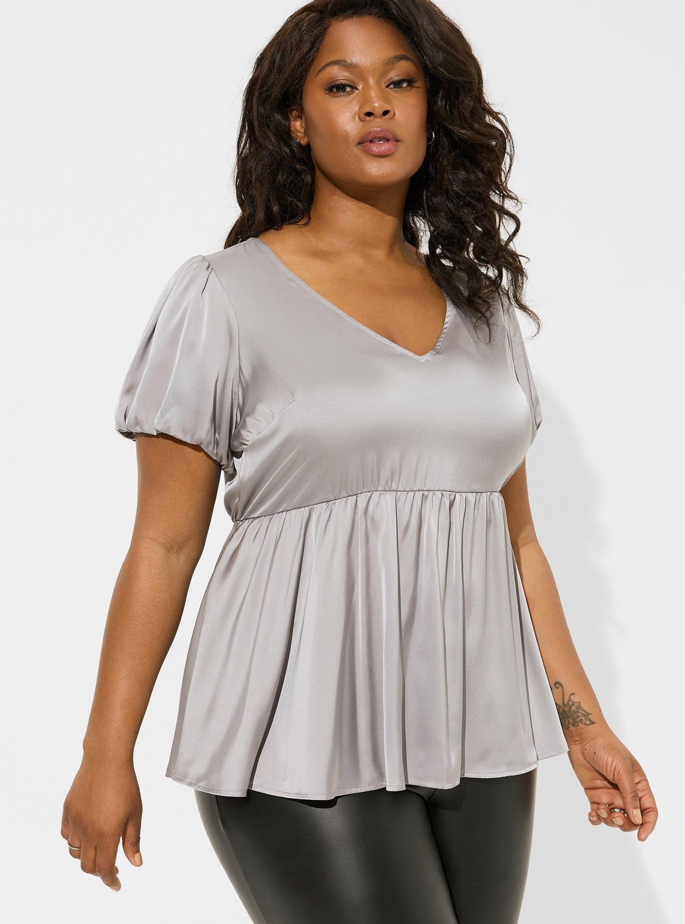 Satin V-Neck Puff Short Sleeve Blouse