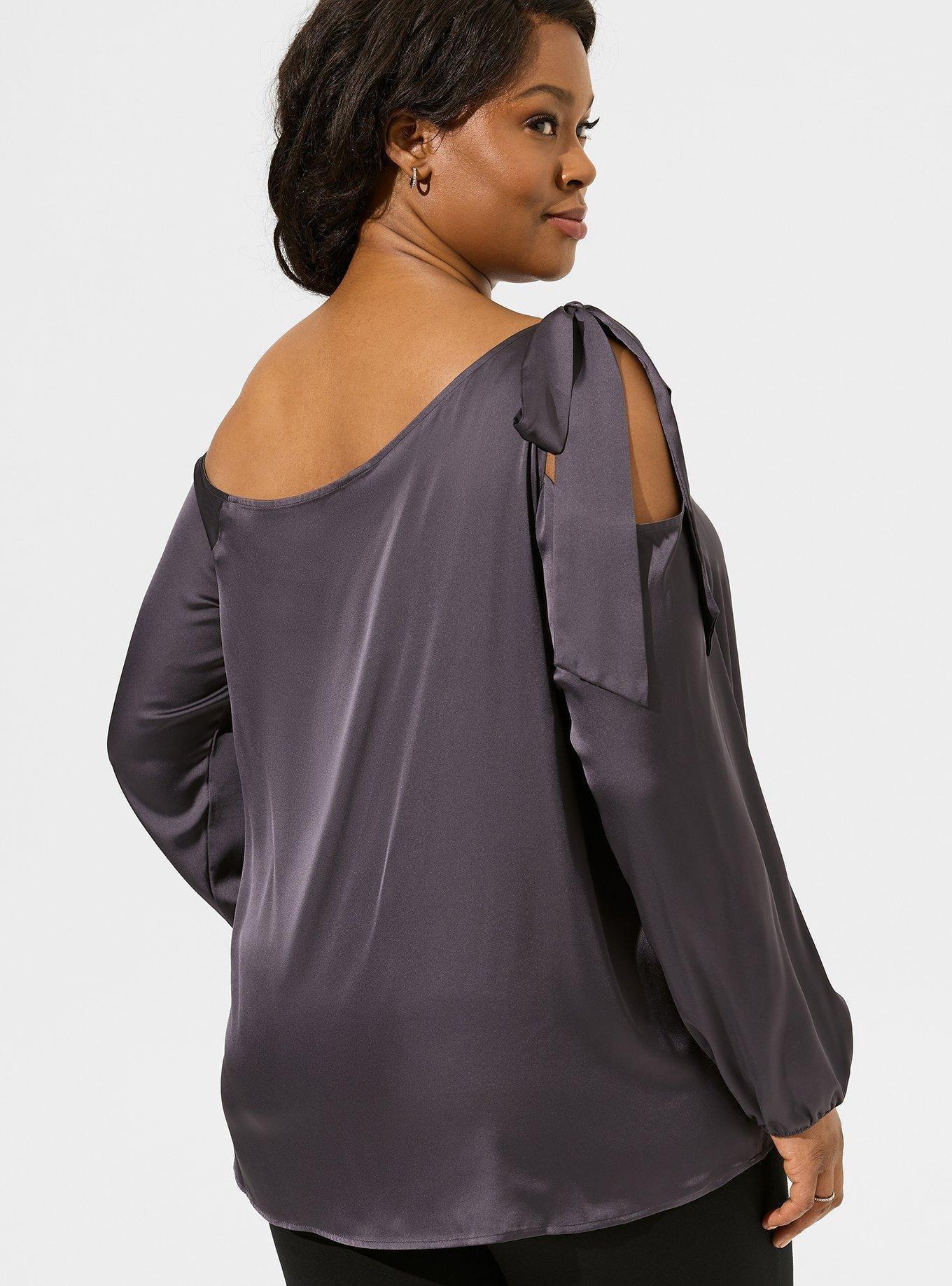 Satin Tie Front Off Shoulder Long Sleeve Blouse