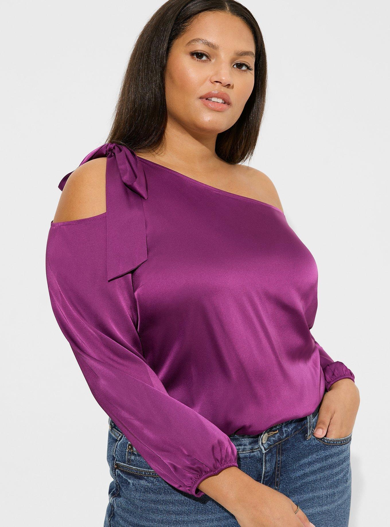 Satin Tie Front Off Shoulder Long Sleeve Blouse
