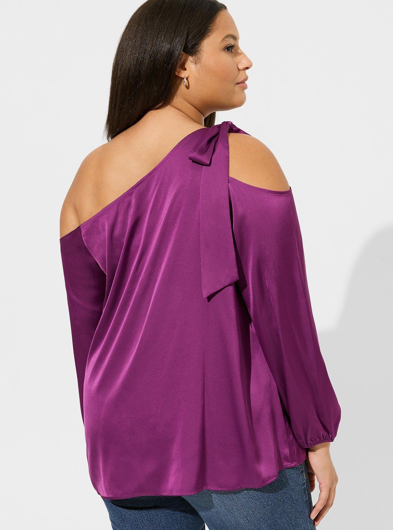 Satin Tie Front Off Shoulder Long Sleeve Blouse