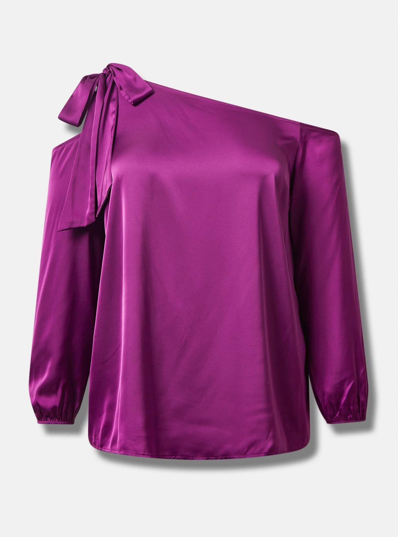 Satin Tie Front Off Shoulder Long Sleeve Blouse