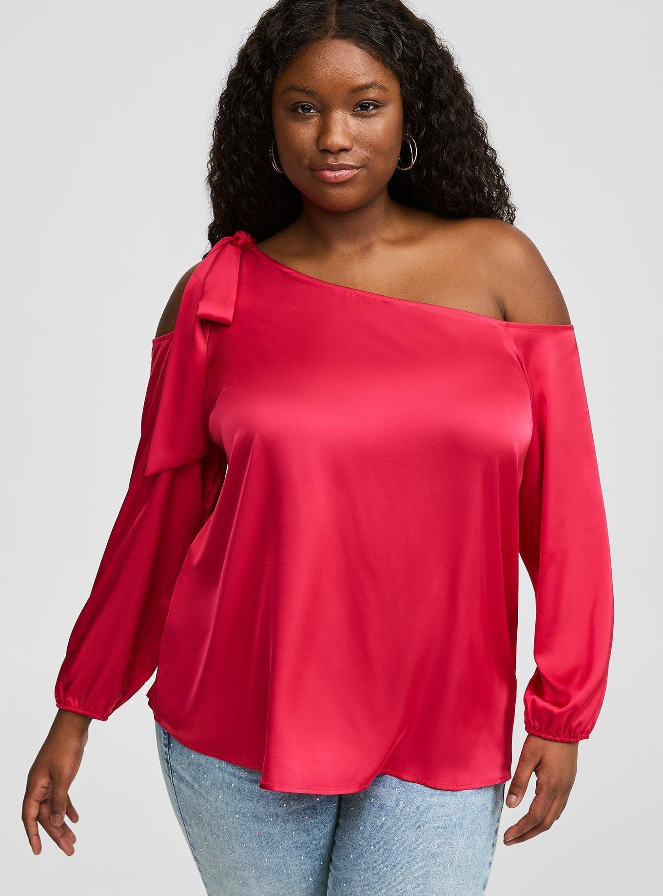 Plus Size - Satin Tie Front Off Shoulder Long Sleeve Blouse - Torrid