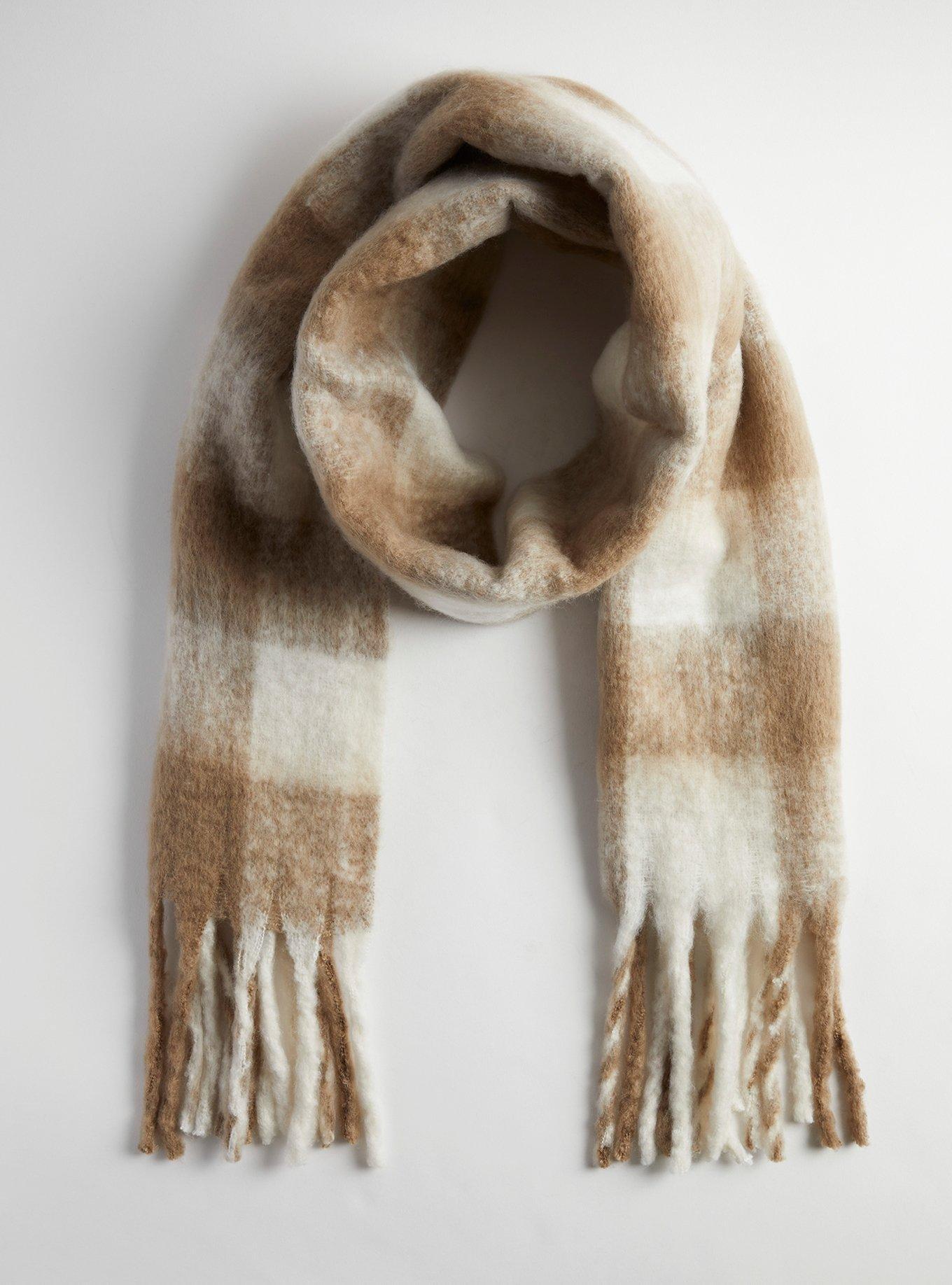 Plus Size Buffalo Plaid Fringe Scarf , TAN PLAID, alternate
