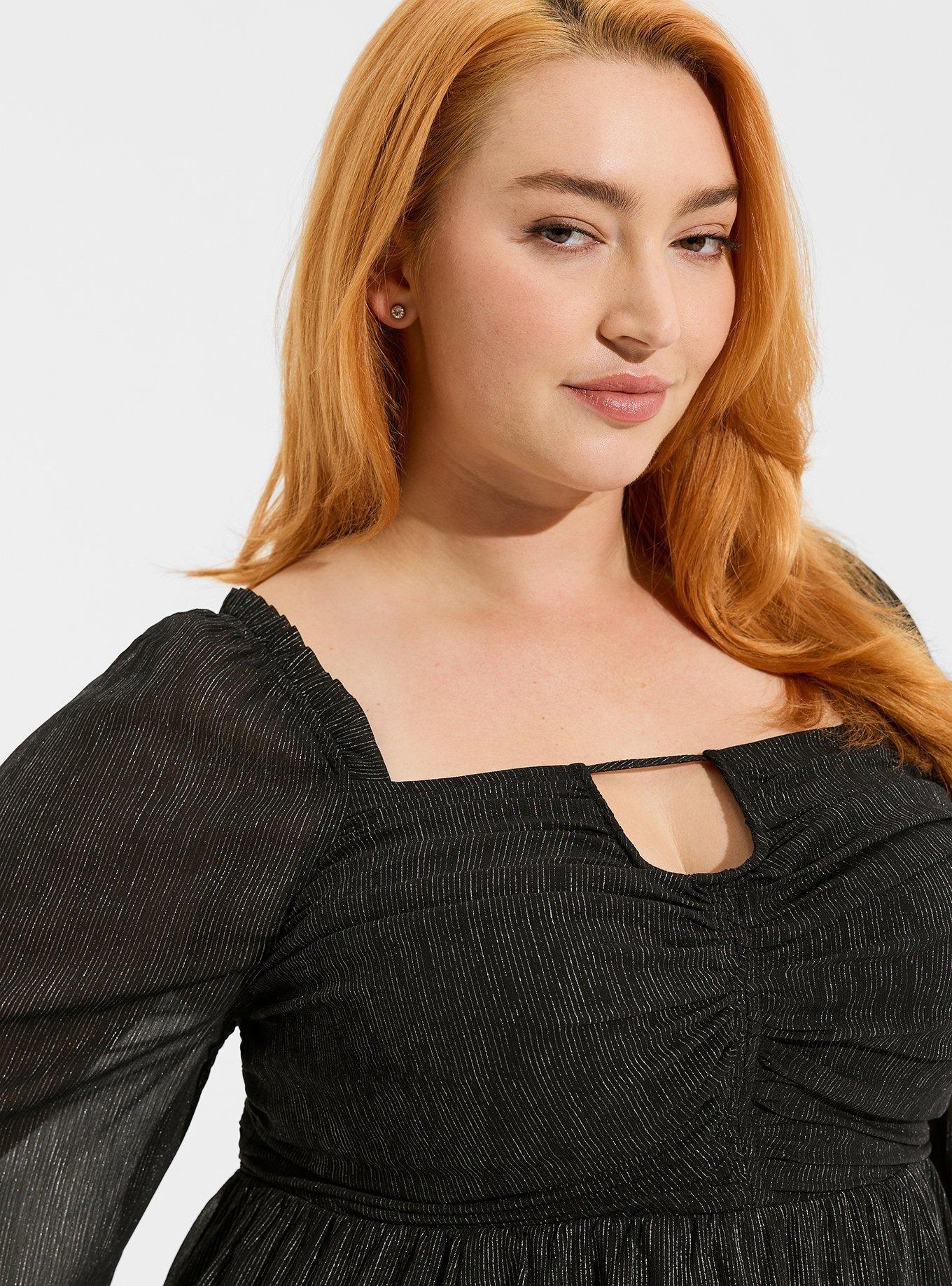 Torrid black blouse with key hole front and back and black lace sleeves!