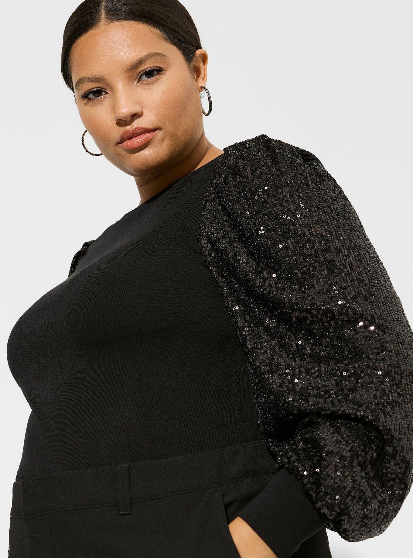 Plus Size Rib Crew Neck Sequin Long Sleeve Top Torrid