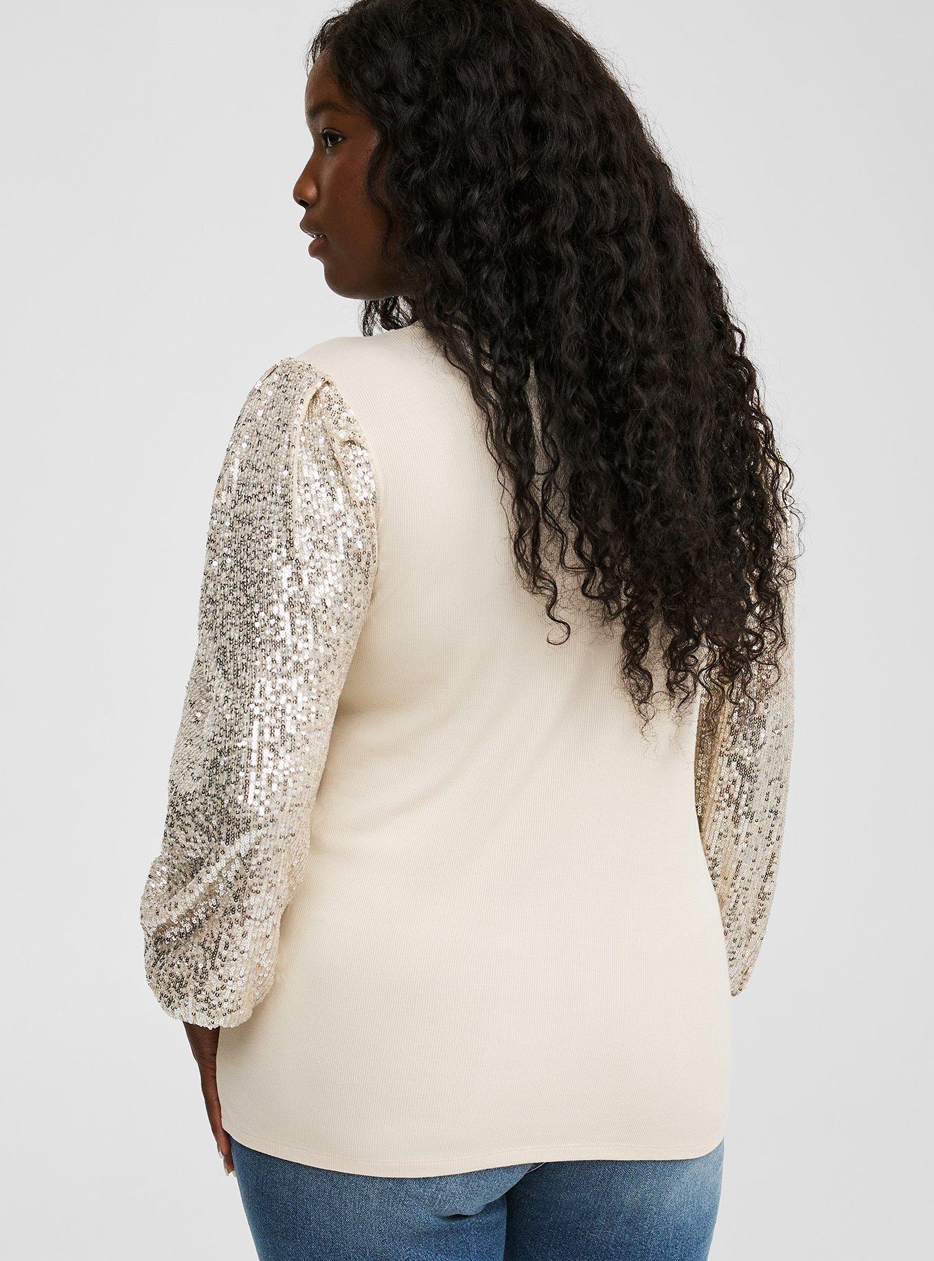 Rib Crew Neck Sequin Long Sleeve Top