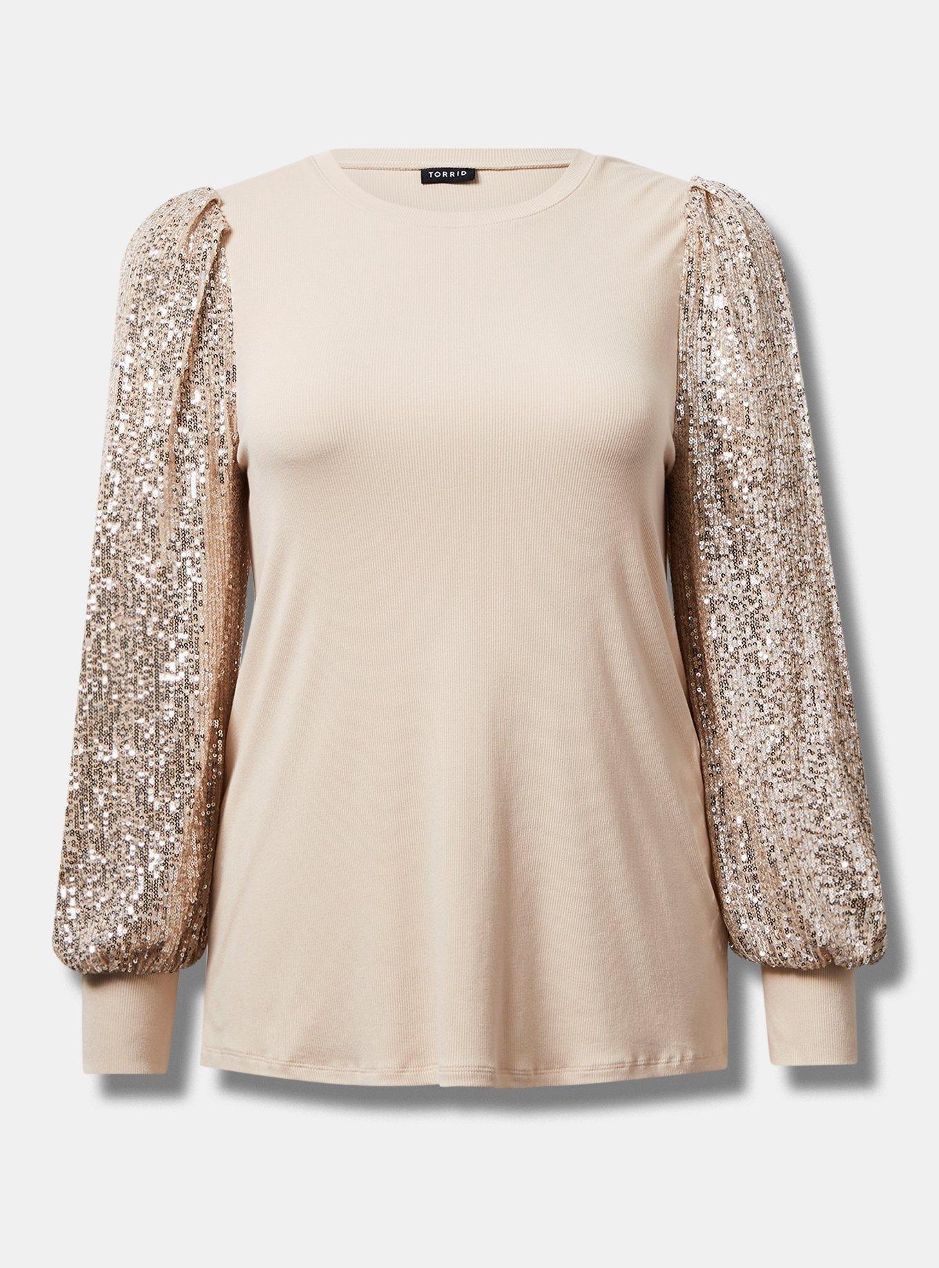 Rib Crew Neck Sequin Long Sleeve Top