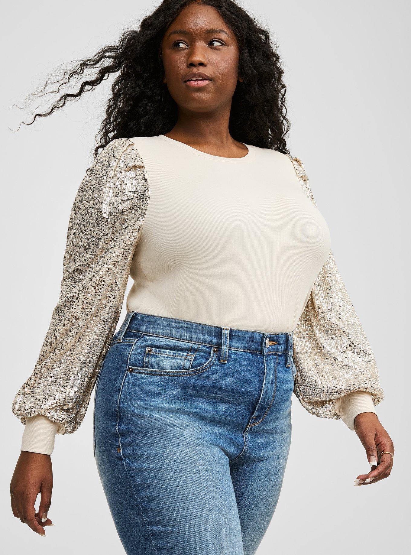 Rib Crew Neck Sequin Long Sleeve Top